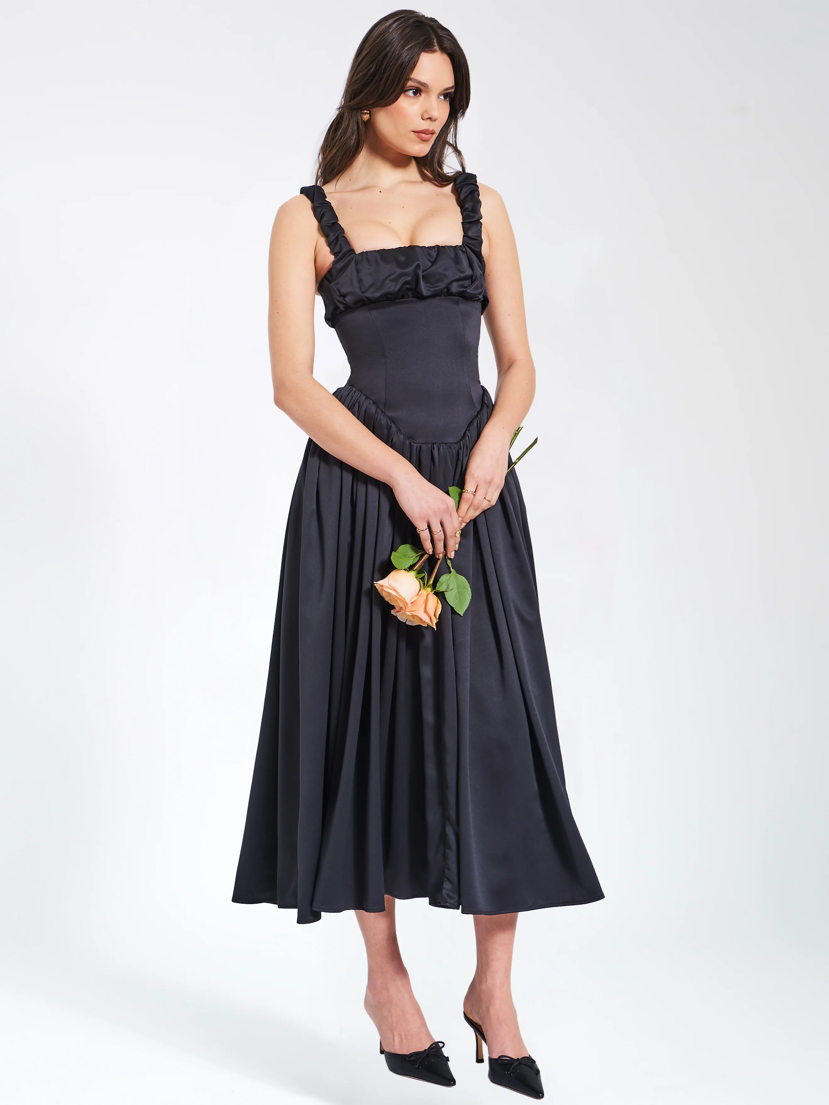 Noreen Black Satin Drop Waist Maxi Sundress - Image 5