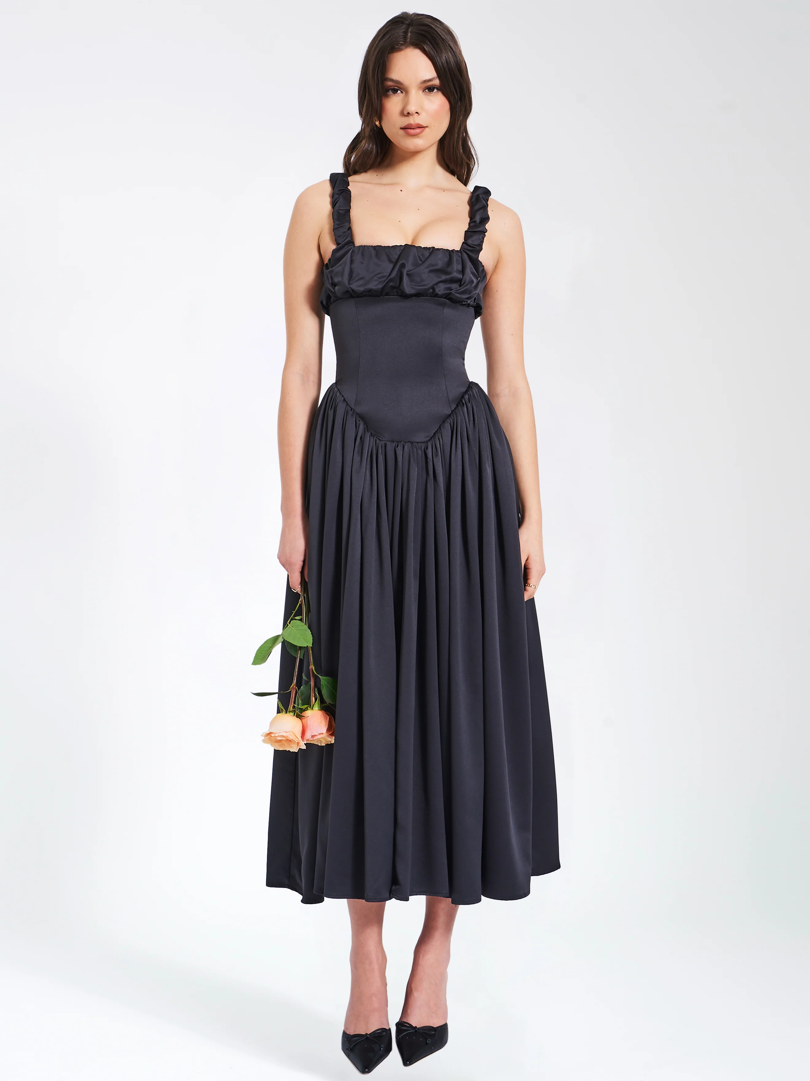 Noreen Black Satin Drop Waist Maxi Sundress - Image 6