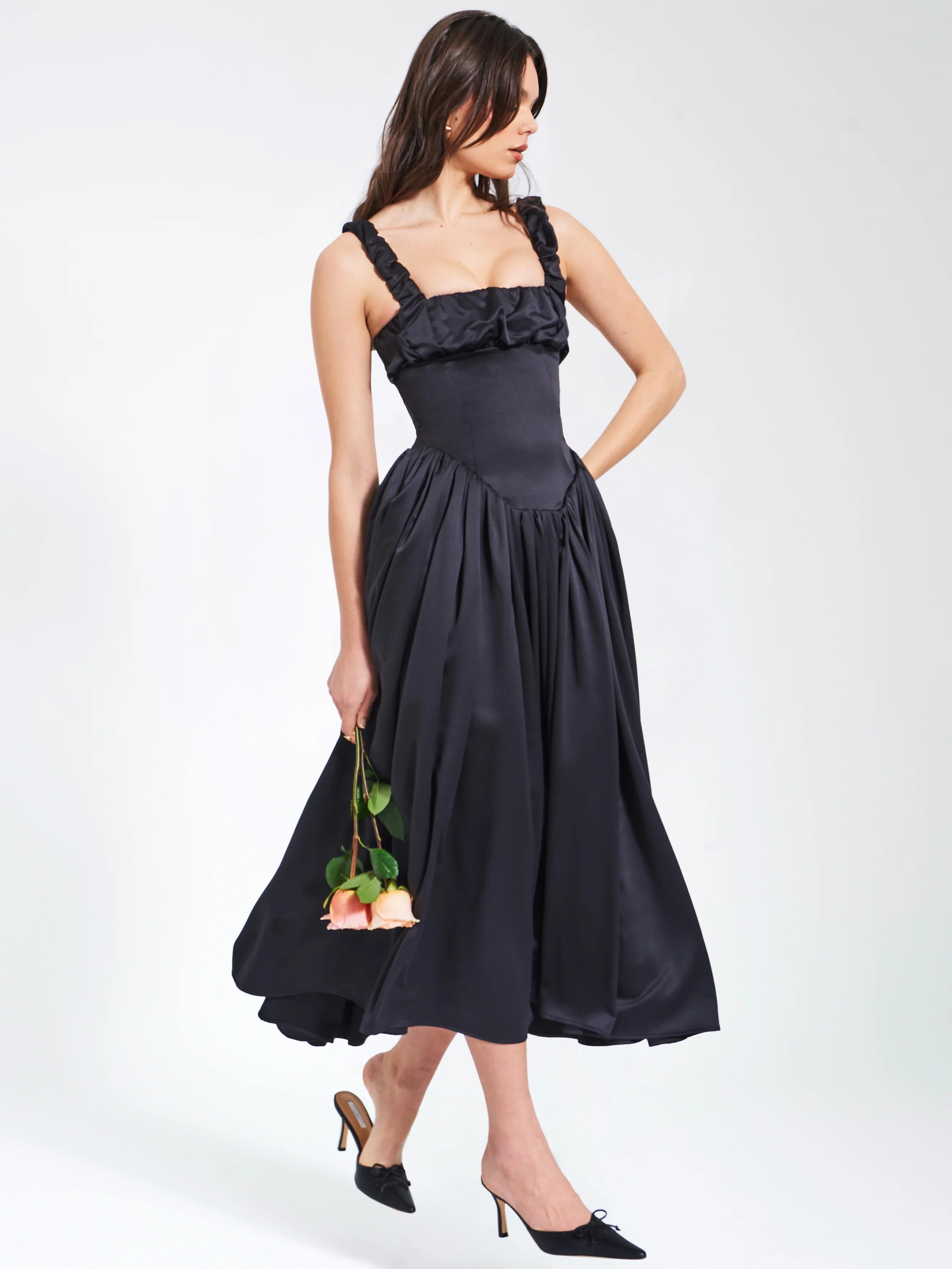 Noreen Black Satin Drop Waist Maxi Sundress - Image 7