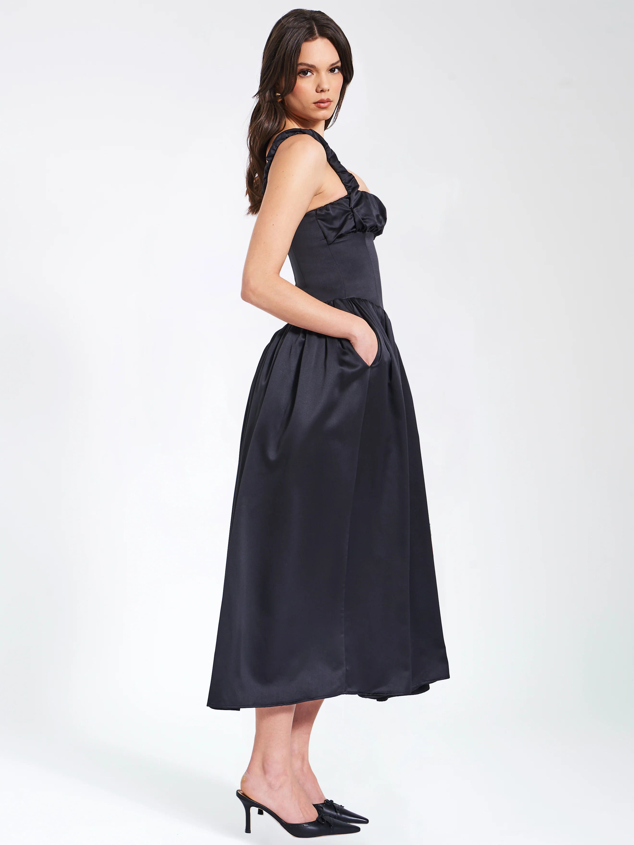 Noreen Black Satin Drop Waist Maxi Sundress - Image 8