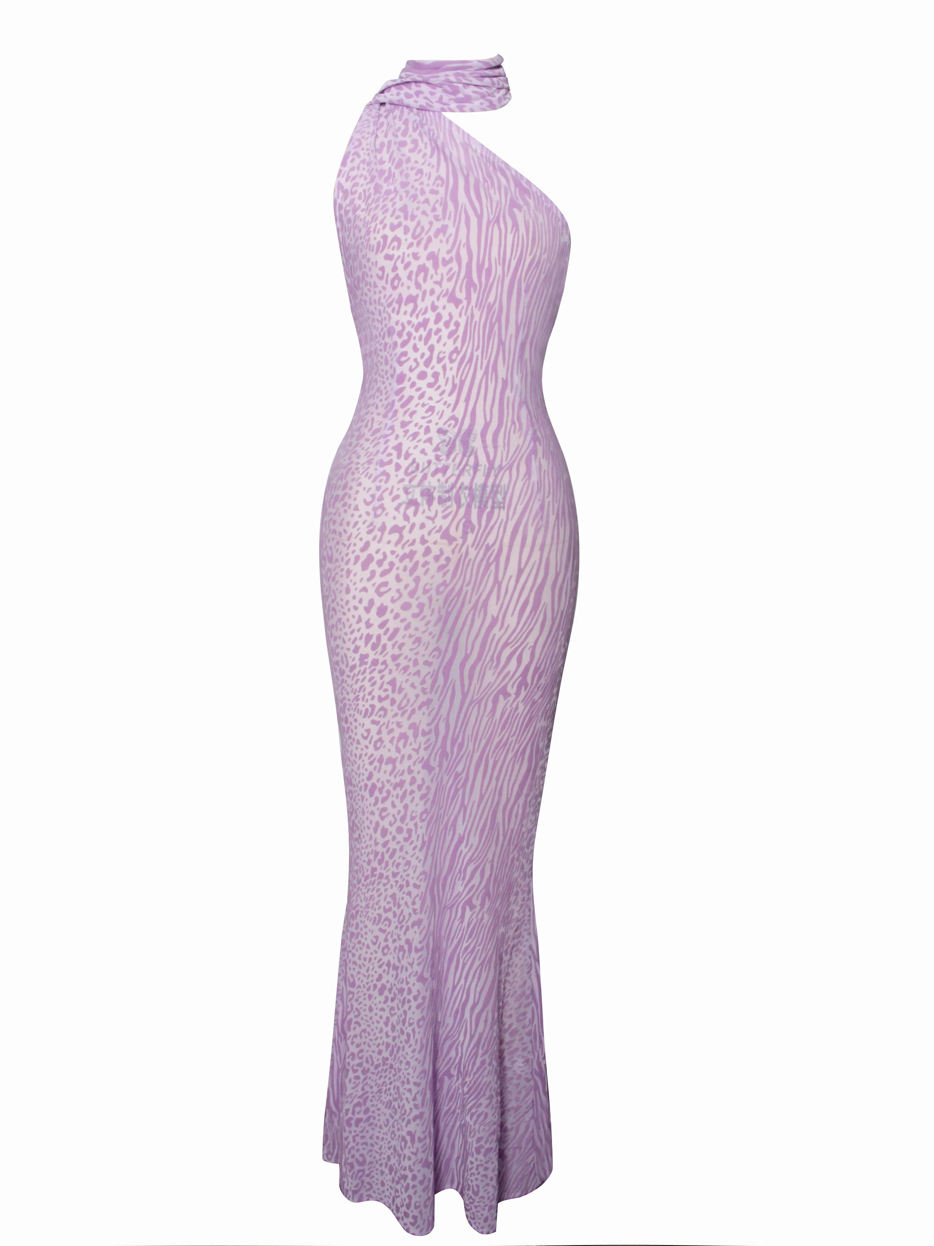 Olena Purple Burnout Velvet Animal Print Mesh Halter Neck Maxi Dress - Image 11