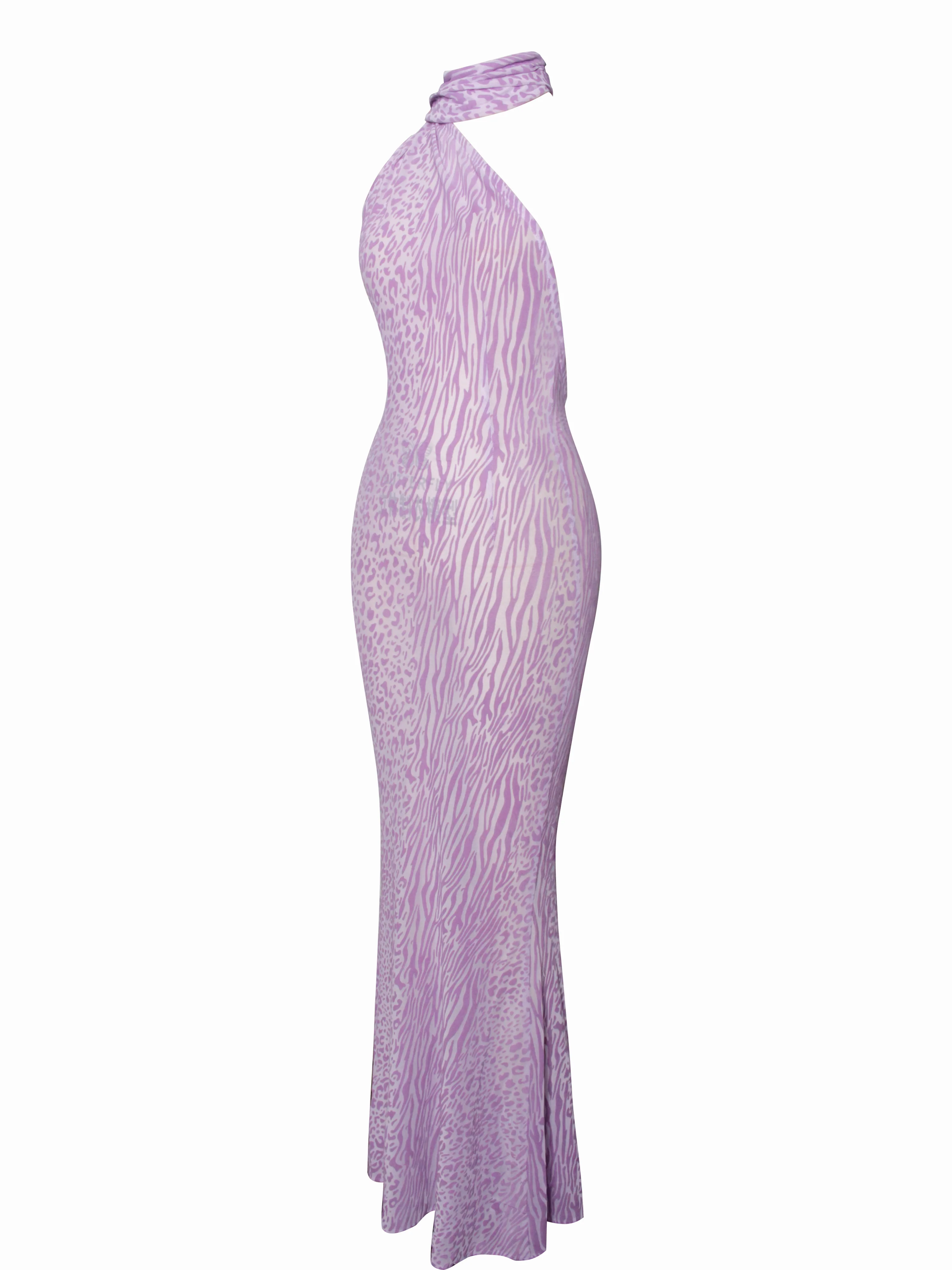 Olena Purple Burnout Velvet Animal Print Mesh Halter Neck Maxi Dress - Image 12