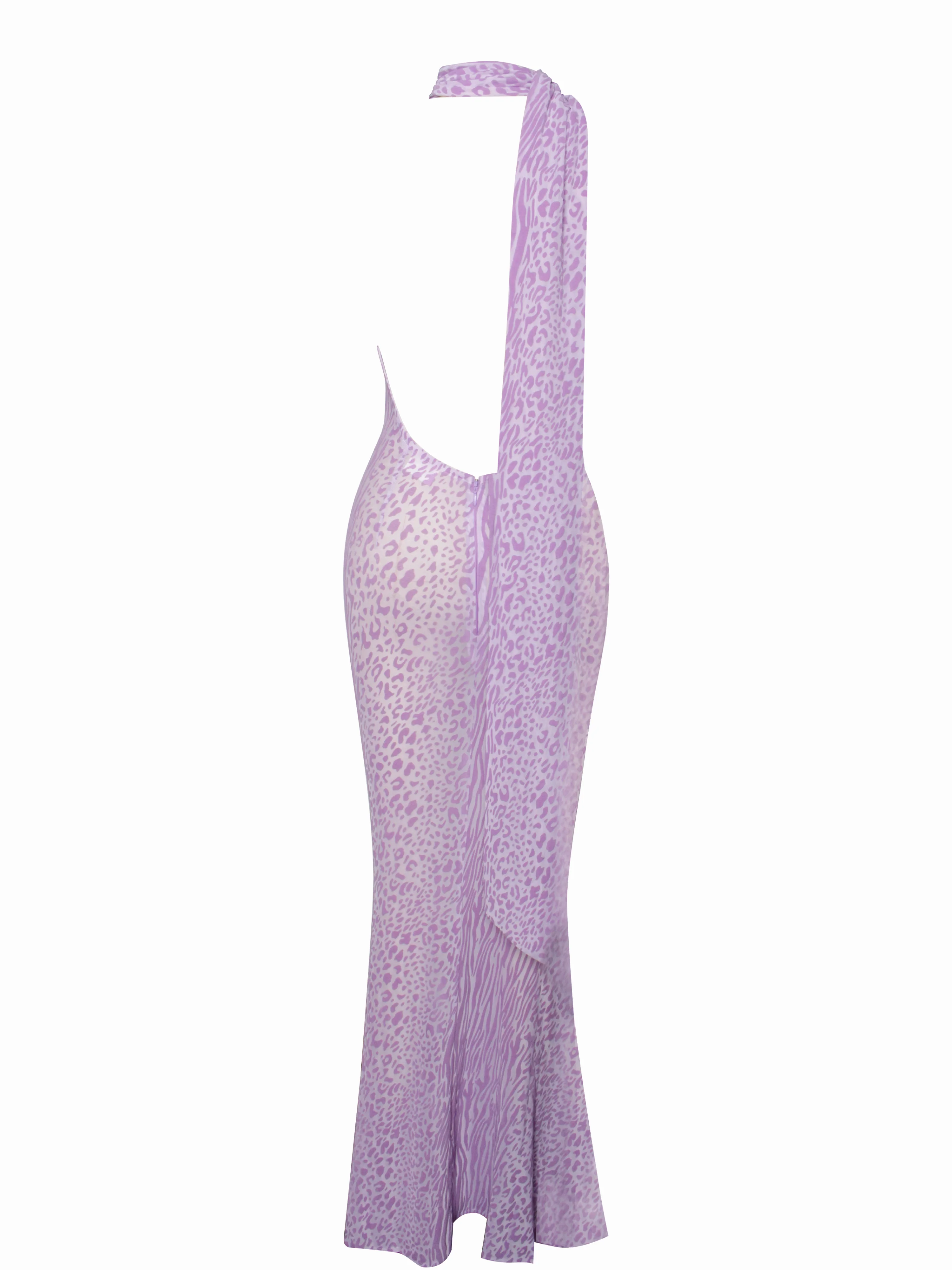 Olena Purple Burnout Velvet Animal Print Mesh Halter Neck Maxi Dress - Image 13