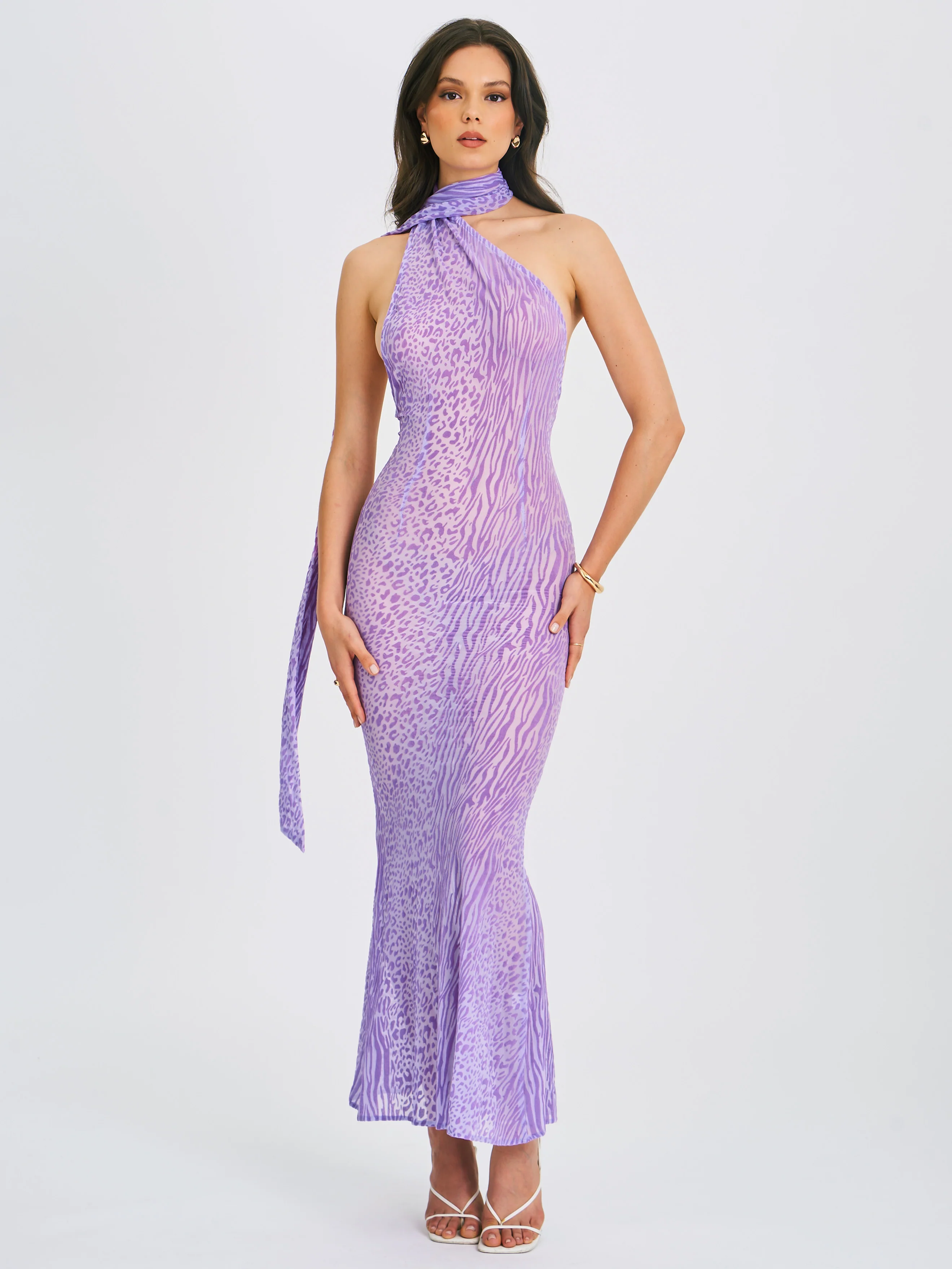 Olena Purple Burnout Velvet Animal Print Mesh Halter Neck Maxi Dress - Image 4