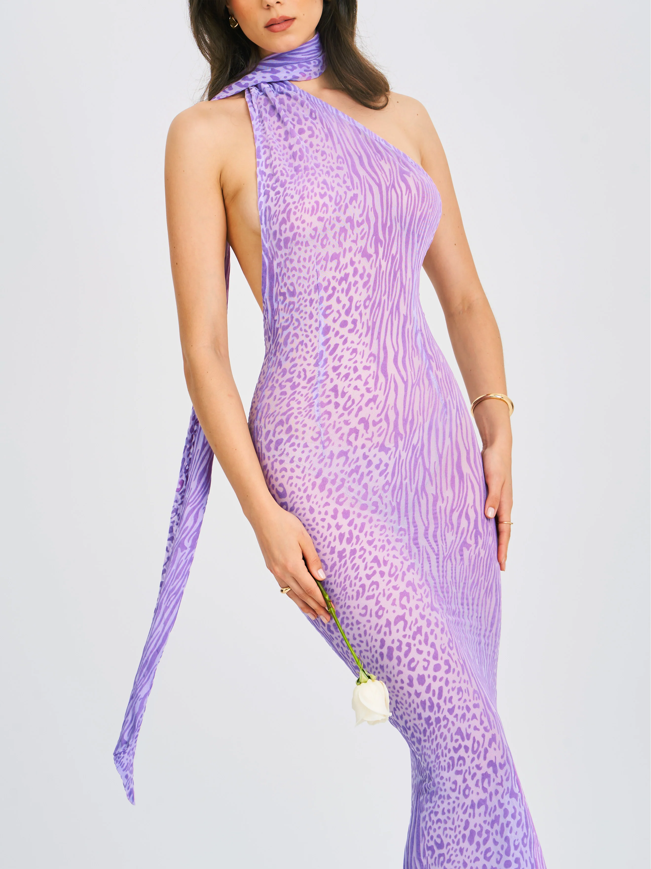 Olena Purple Burnout Velvet Animal Print Mesh Halter Neck Maxi Dress - Image 5
