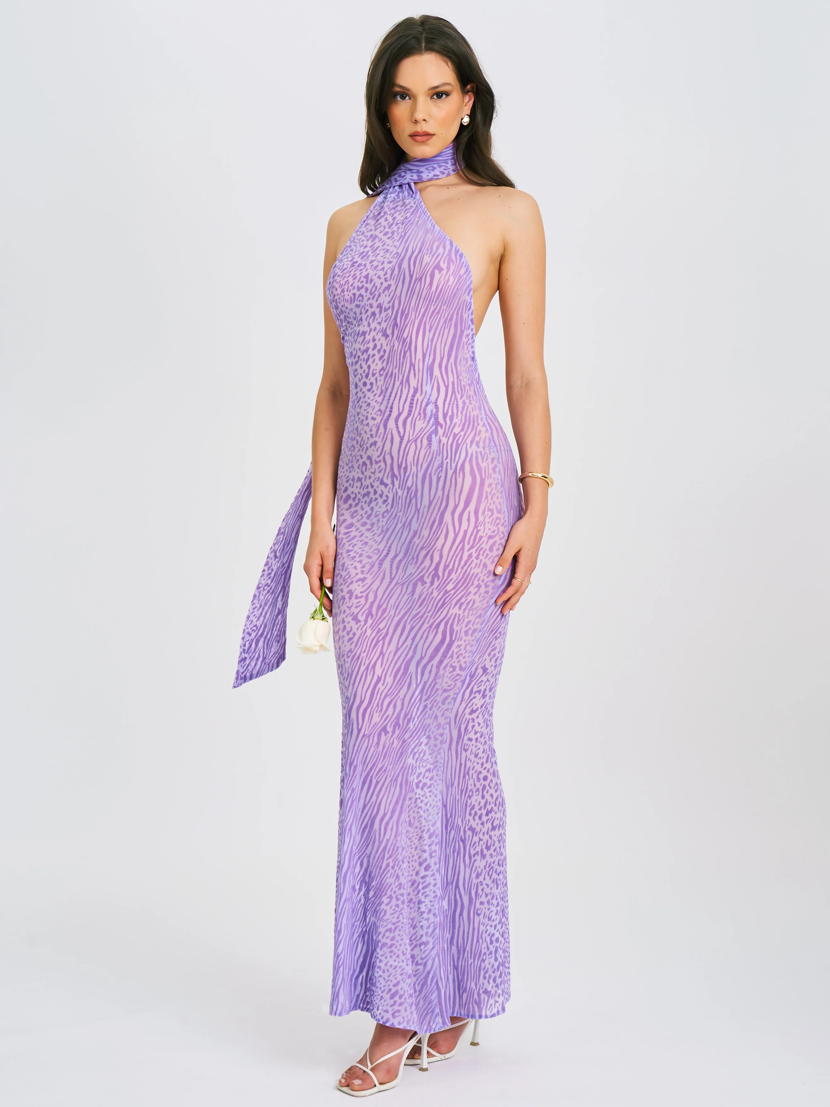 Olena Purple Burnout Velvet Animal Print Mesh Halter Neck Maxi Dress - Image 9