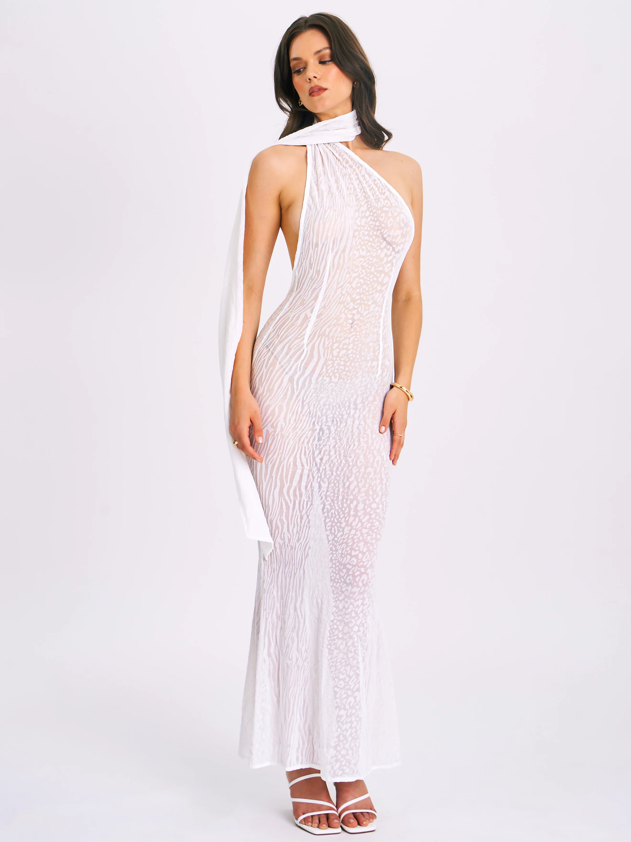 Olena White Burnout Velvet Animal Print Mesh Halter Neck Maxi Dress - Image 11