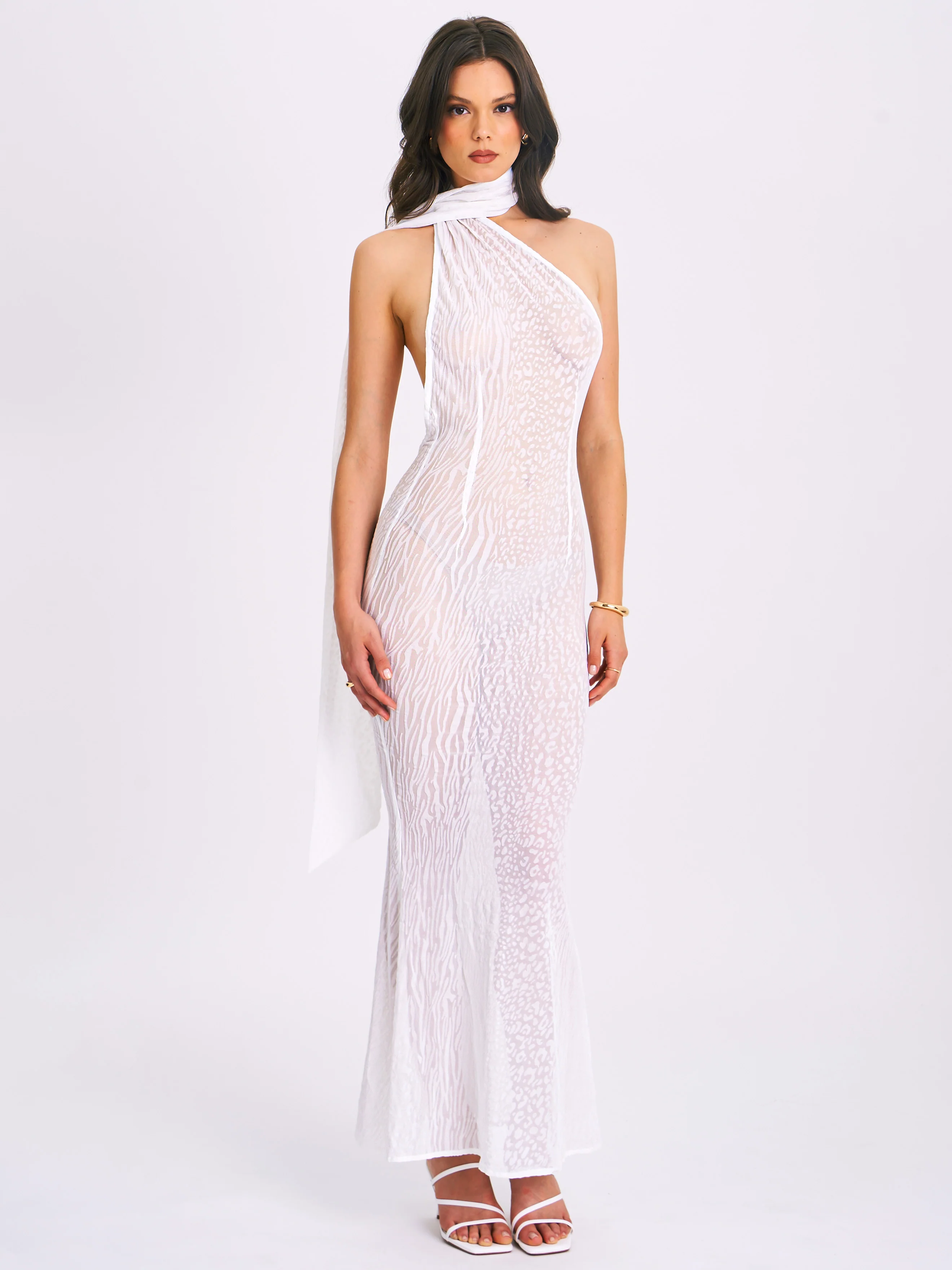 Olena White Burnout Velvet Animal Print Mesh Halter Neck Maxi Dress - Image 13