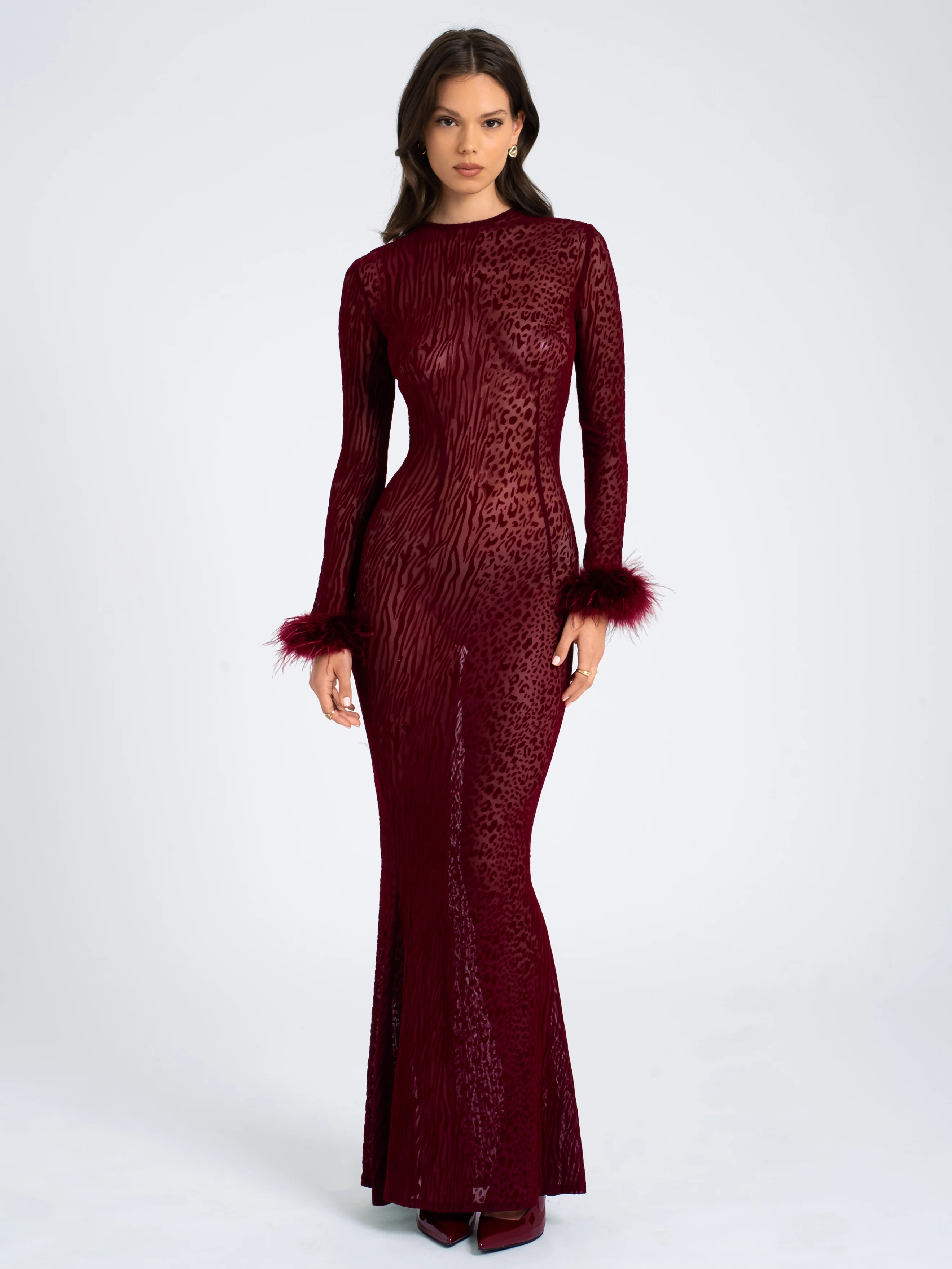 Patricia Burgundy Leopard Burnout Velvet Mesh Backless Maxi Dress - Image 10