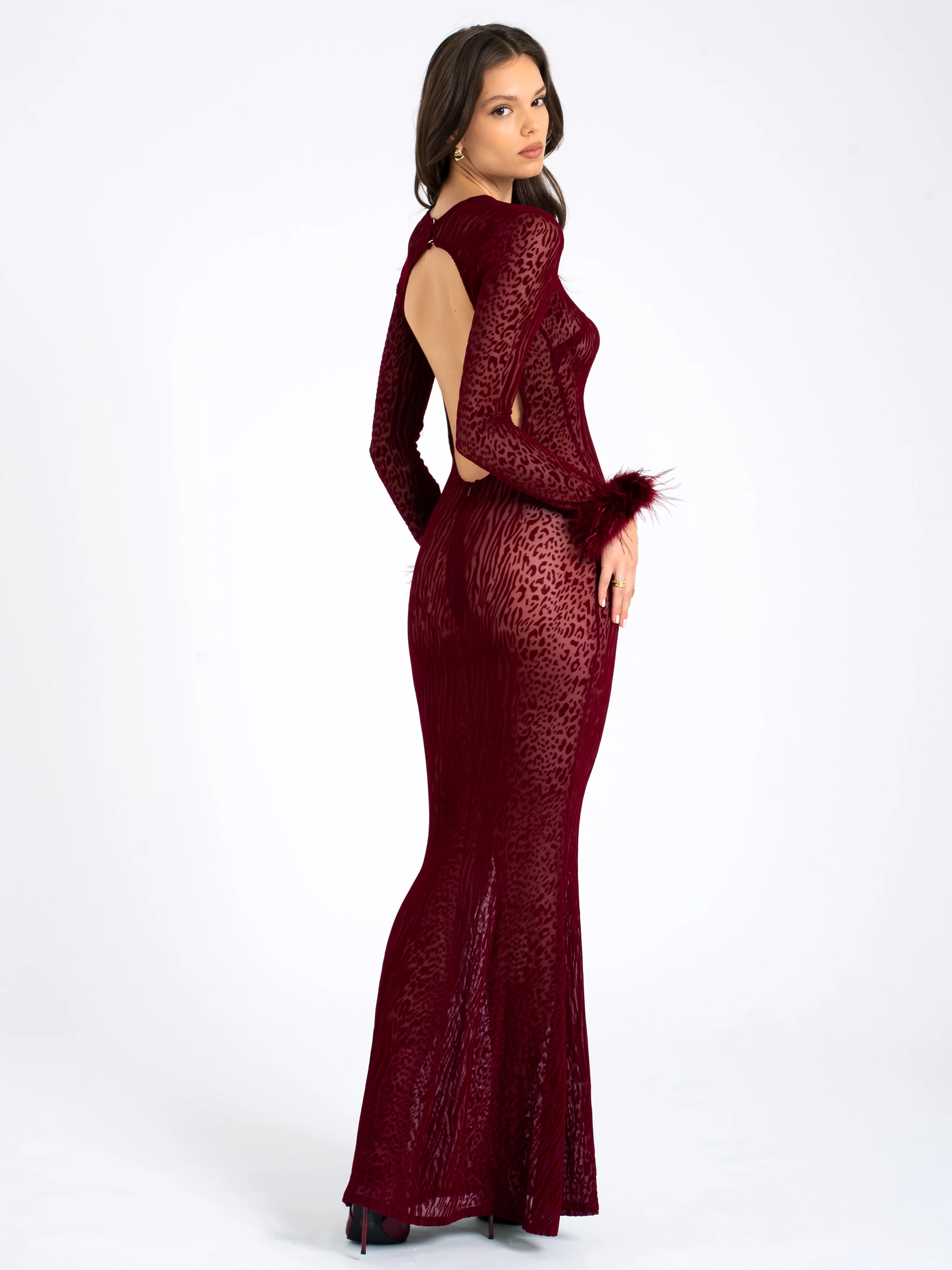 Patricia Burgundy Leopard Burnout Velvet Mesh Backless Maxi Dress - Image 12