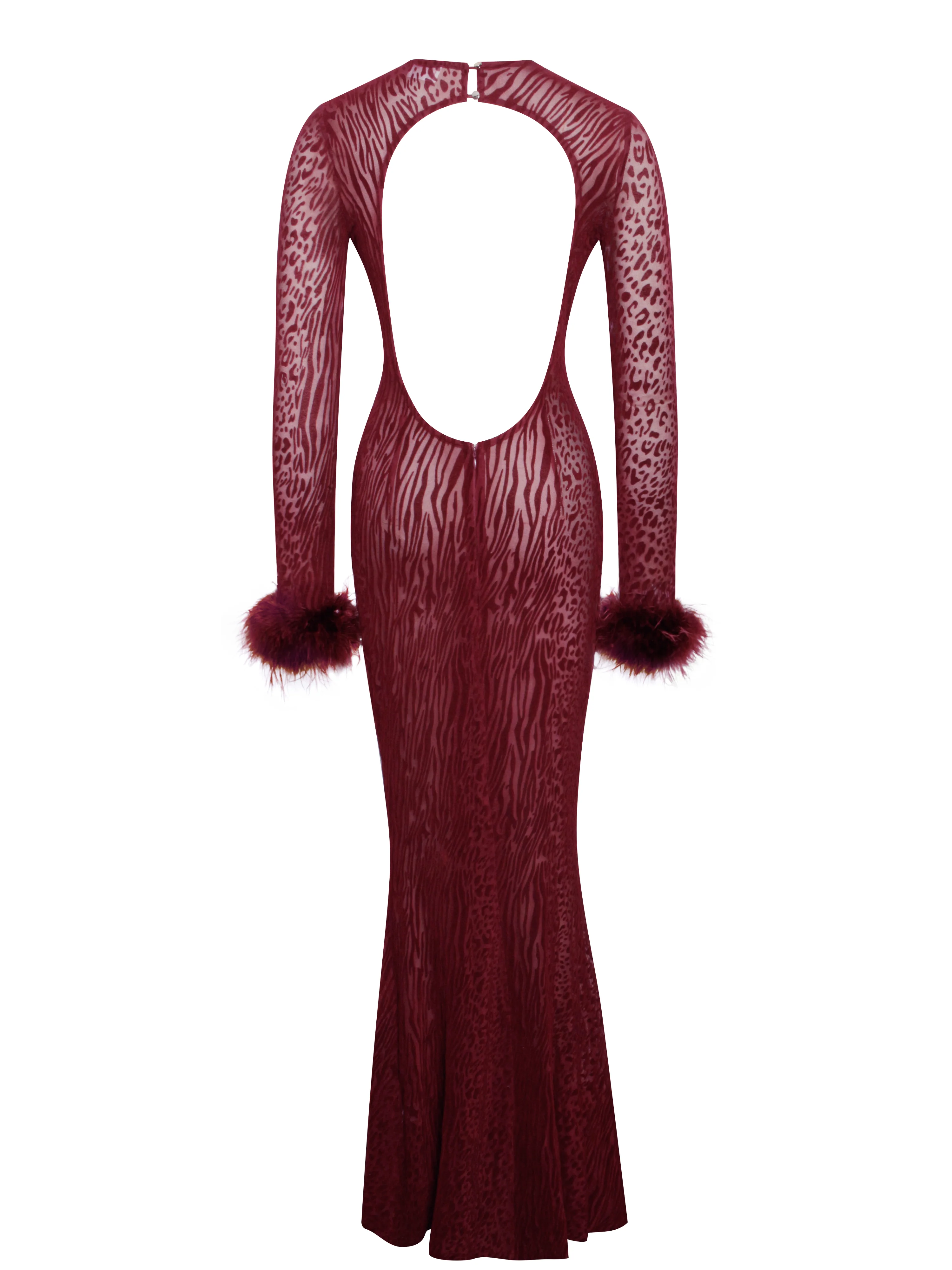 Patricia Burgundy Leopard Burnout Velvet Mesh Backless Maxi Dress - Image 15
