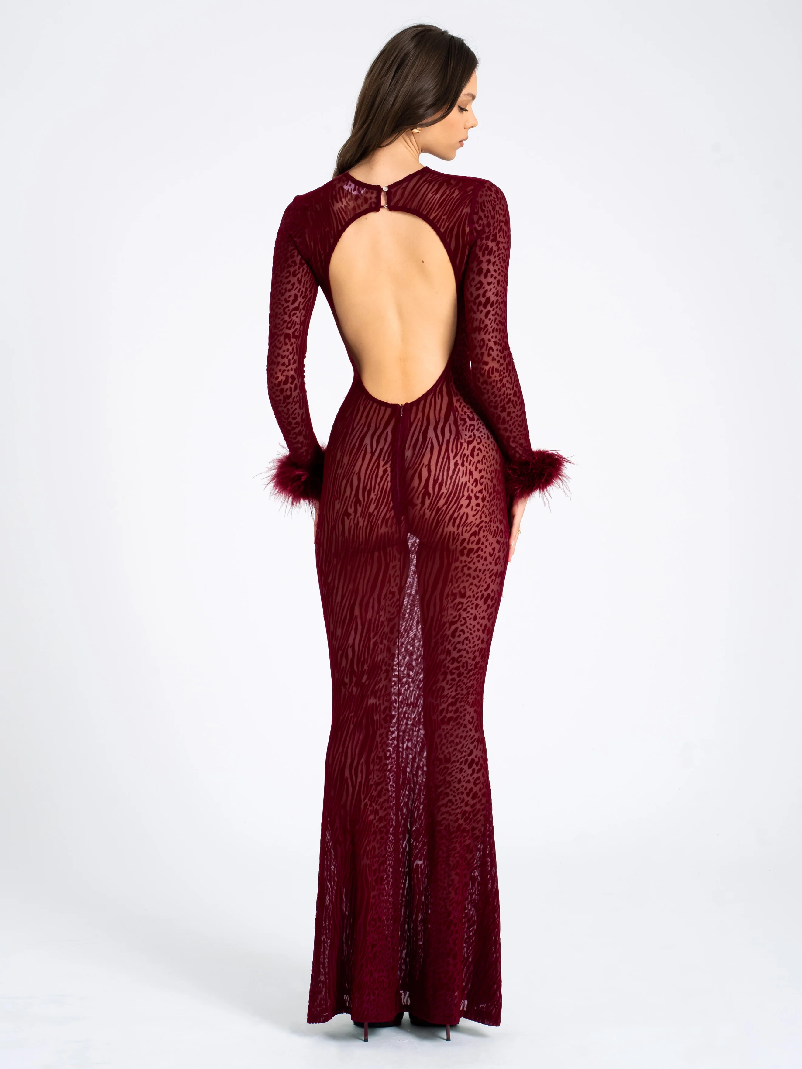 Patricia Burgundy Leopard Burnout Velvet Mesh Backless Maxi Dress - Image 3