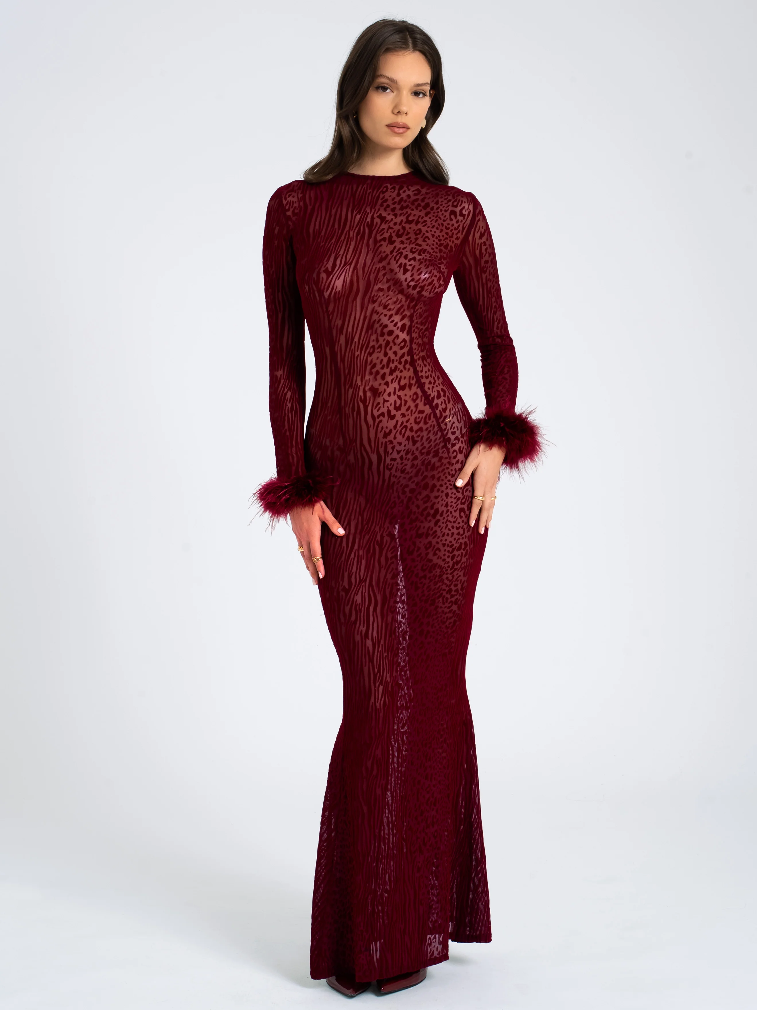 Patricia Burgundy Leopard Burnout Velvet Mesh Backless Maxi Dress - Image 8