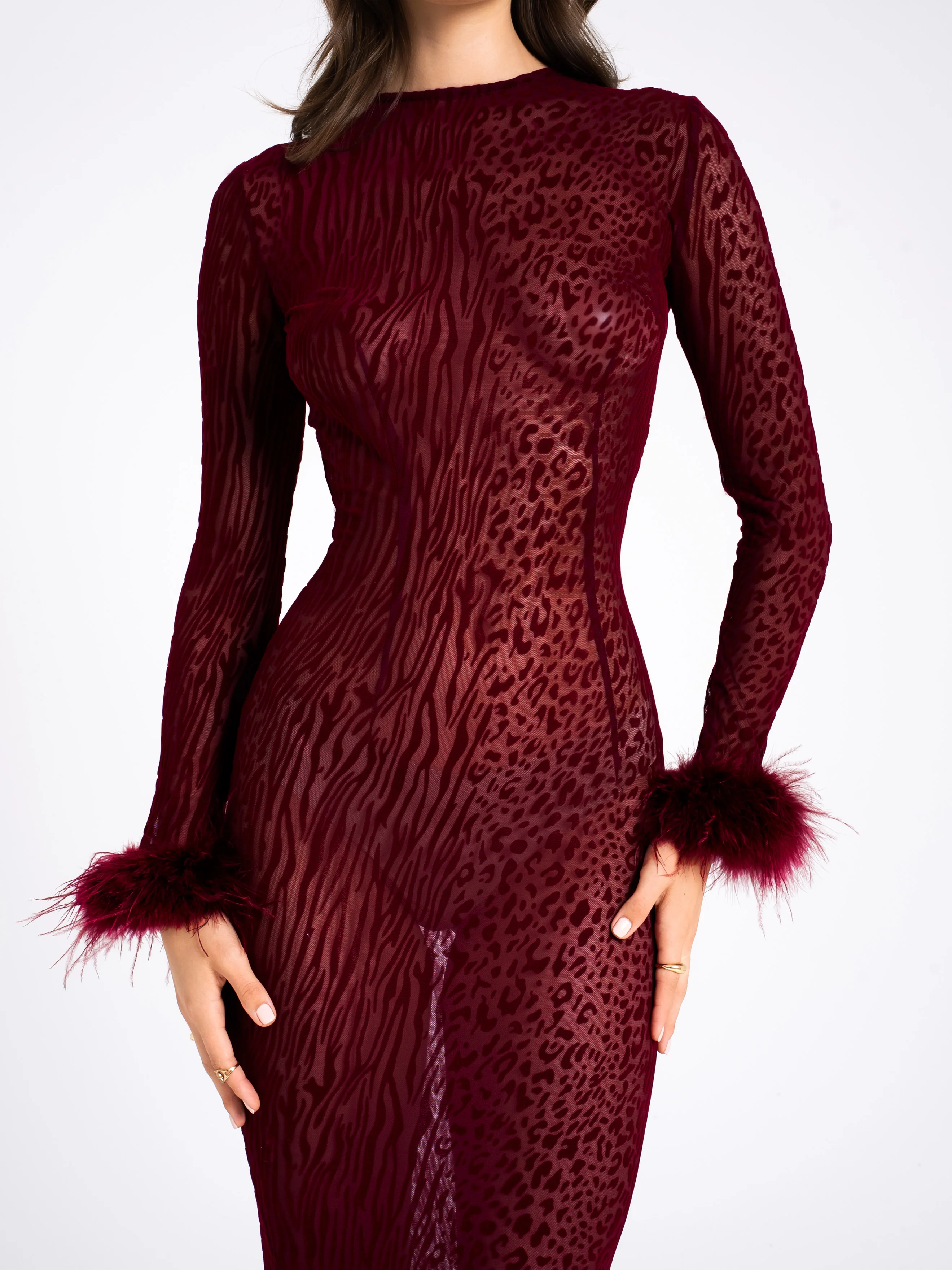 Patricia Burgundy Leopard Burnout Velvet Mesh Backless Maxi Dress - Image 9