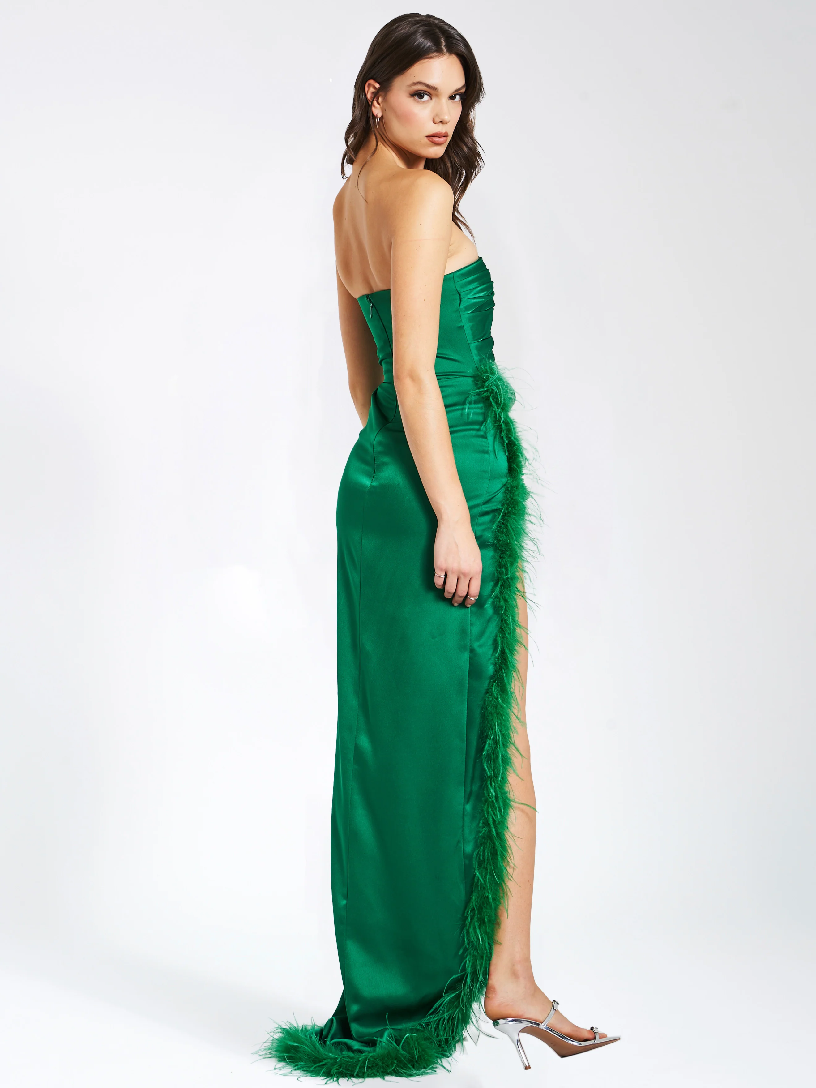 Perrin Emerald Green Feather Dress High Slit Gown - Image 10