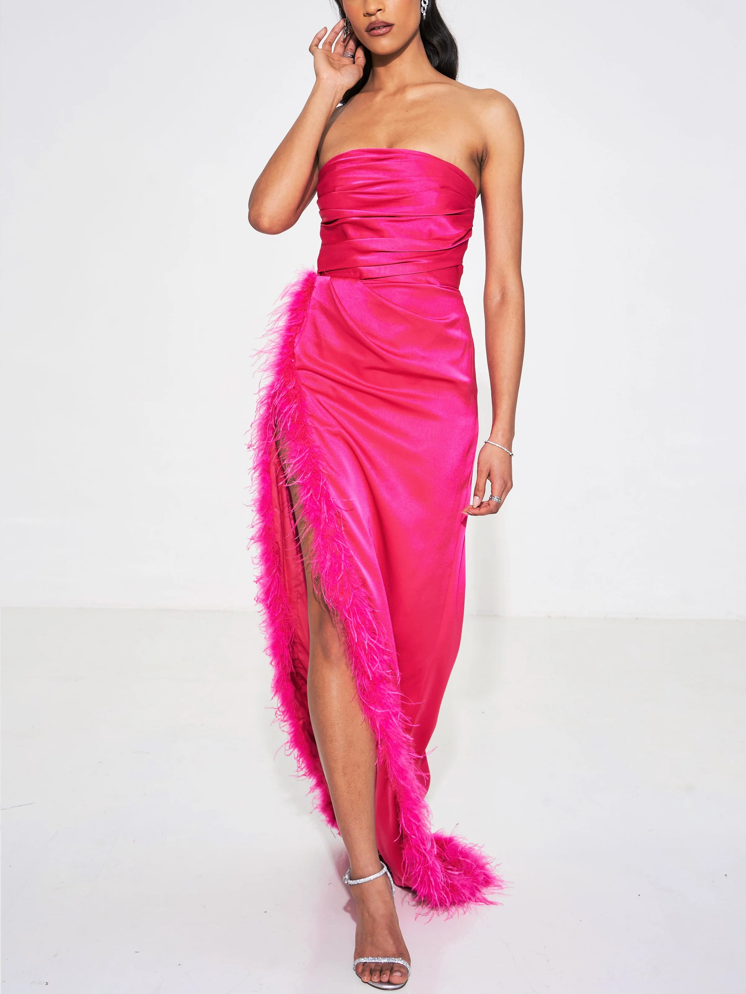 Perrin Fuchsia Pink Feather Dress High Slit Gown - Image 5