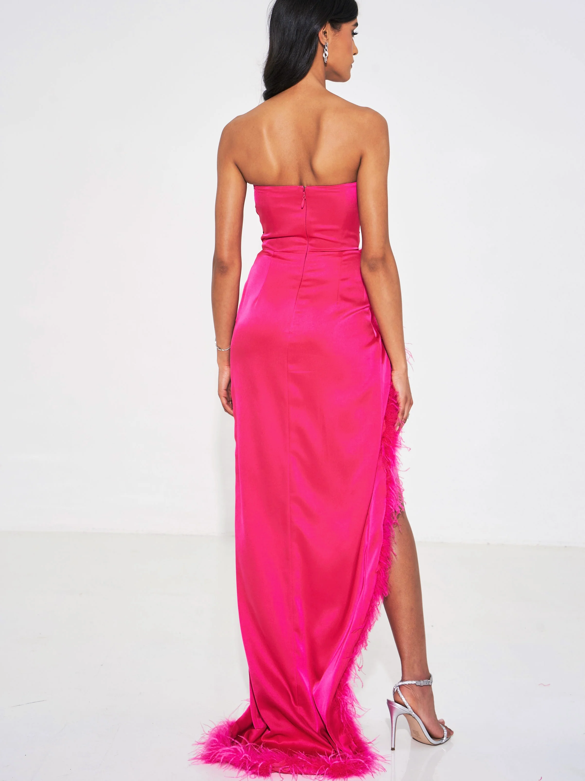 Perrin Fuchsia Pink Feather Dress High Slit Gown - Image 8