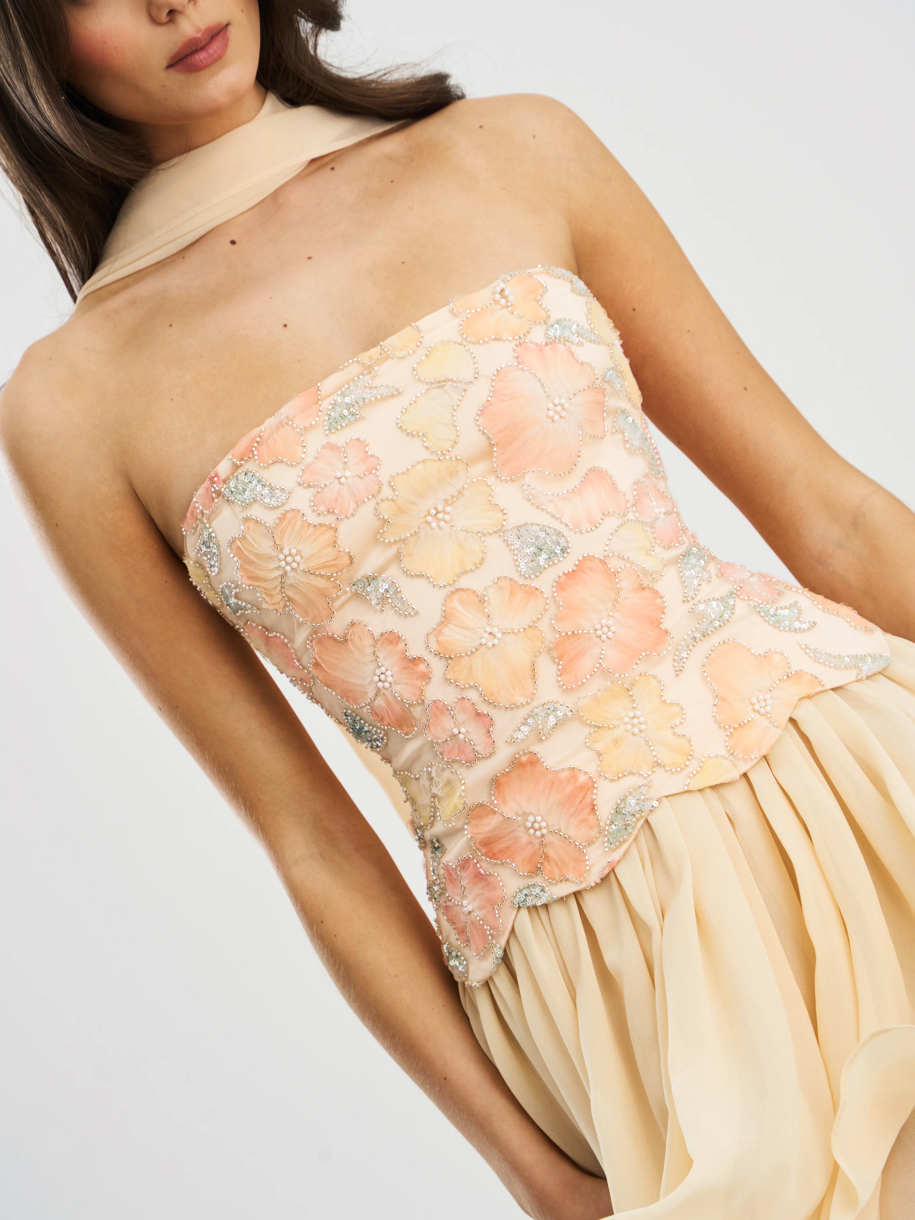 Quanisha Yellow Beaded Floral Mini Chiffon Dress with Scarf - Image 6