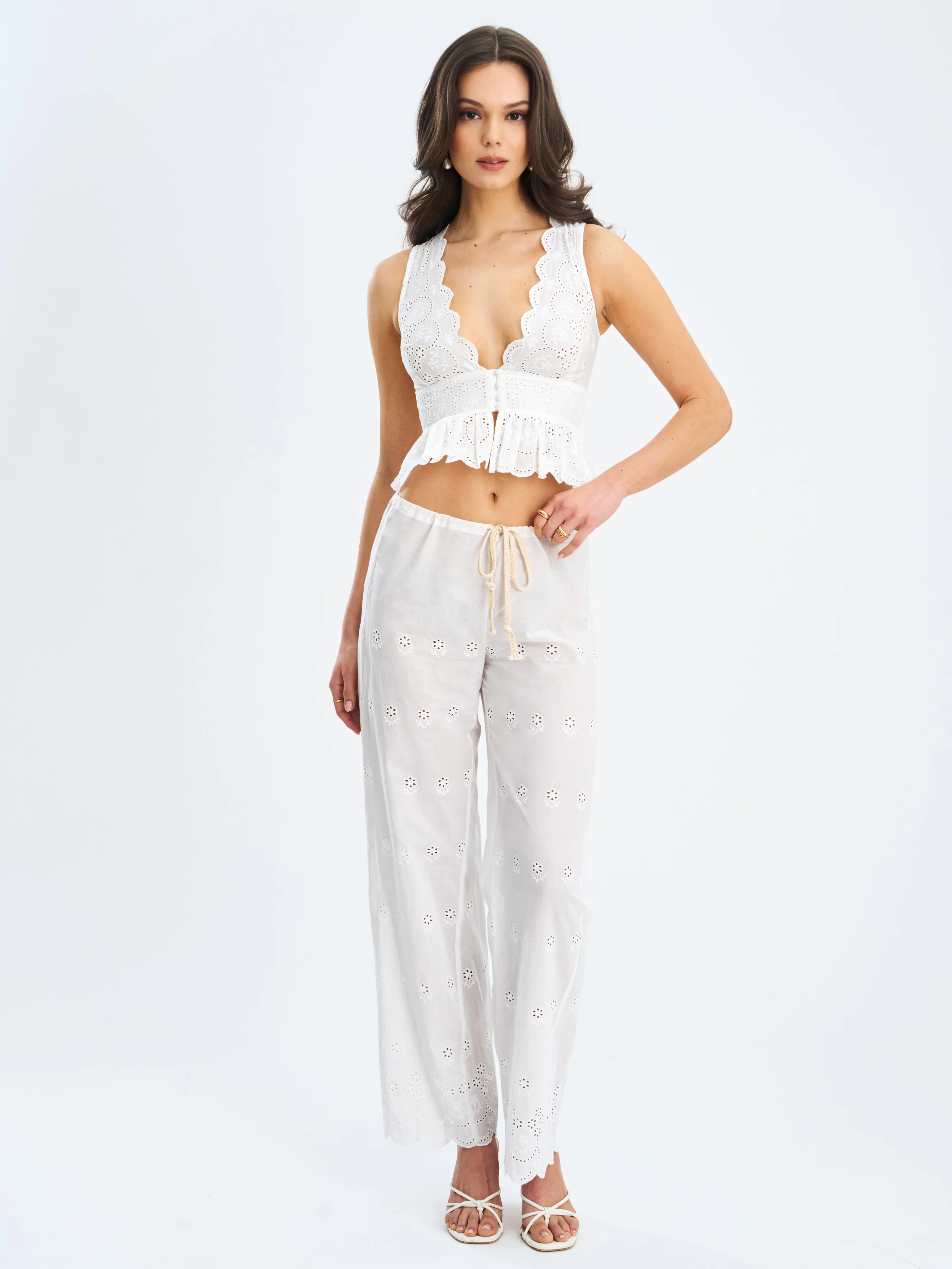 Raina White Cotton Eyelet Straight Pants - Image 5
