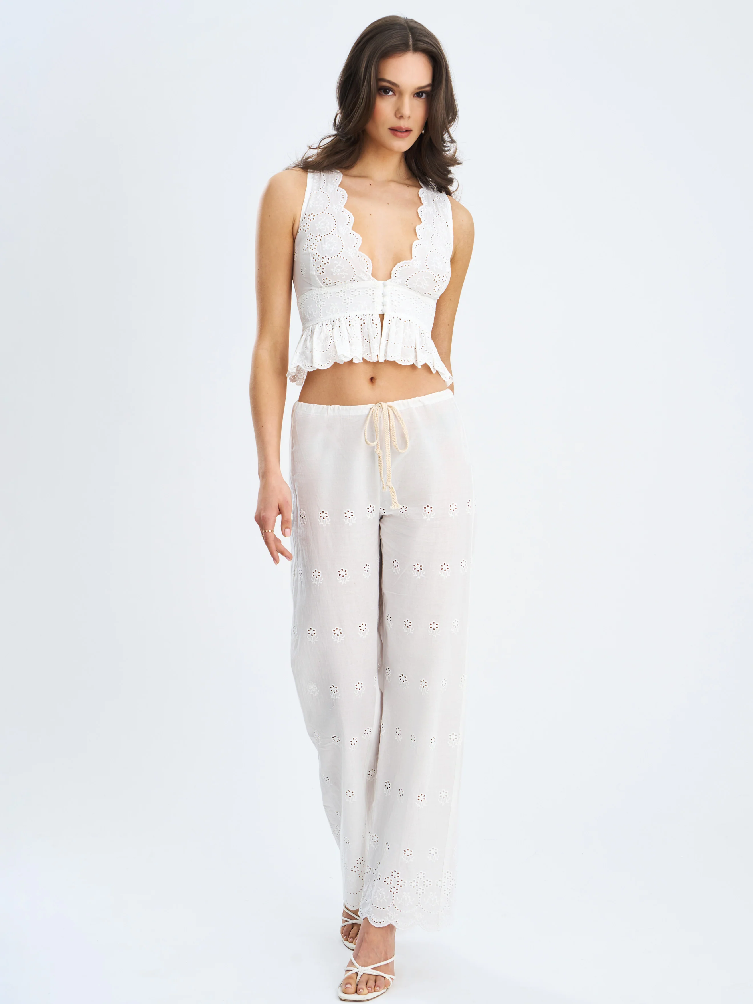 Raina White Cotton Eyelet Straight Pants - Image 4