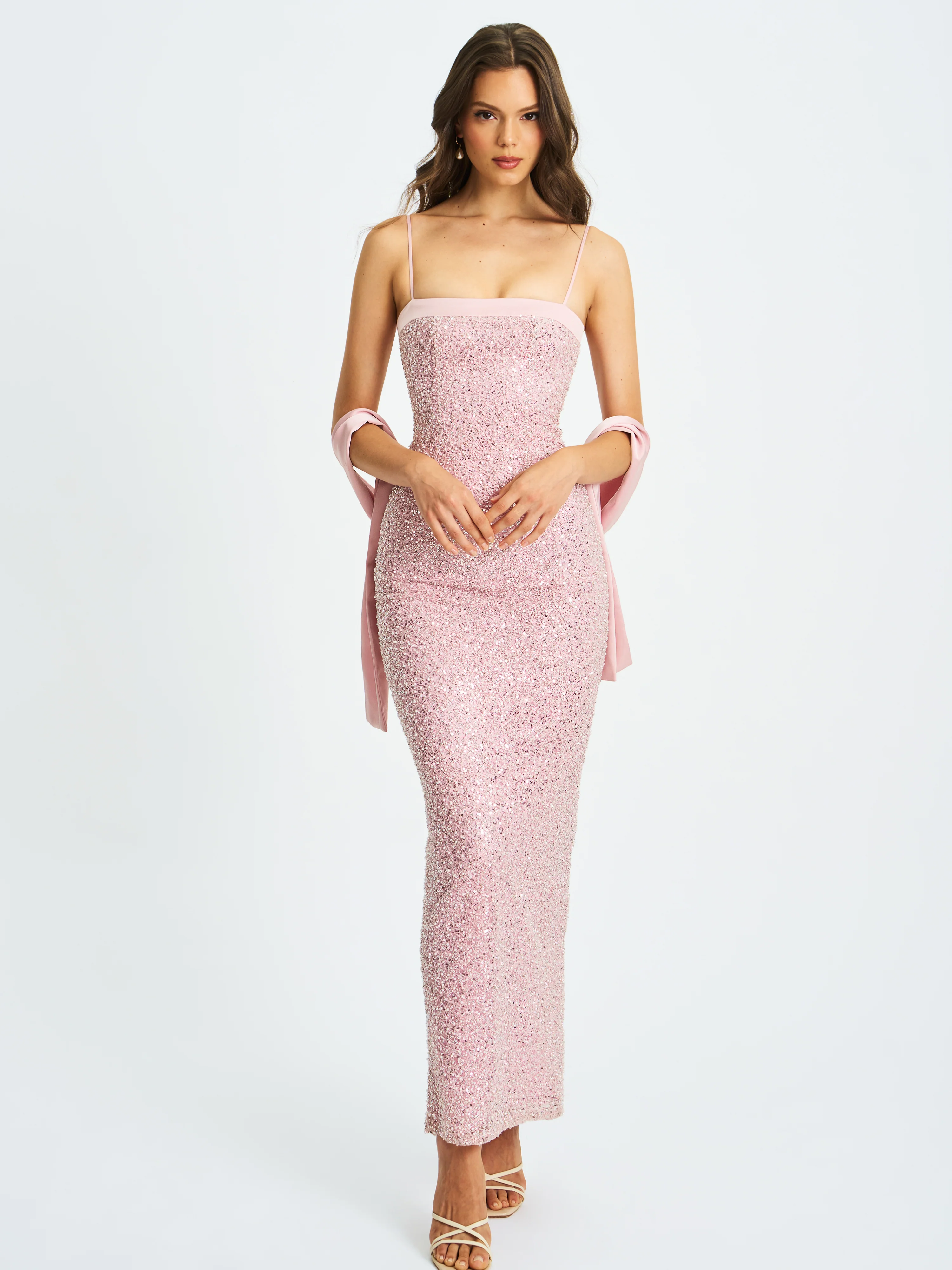 Raizel Pink Beaded Sequin Bodycon Gown with Scarf - Image 3