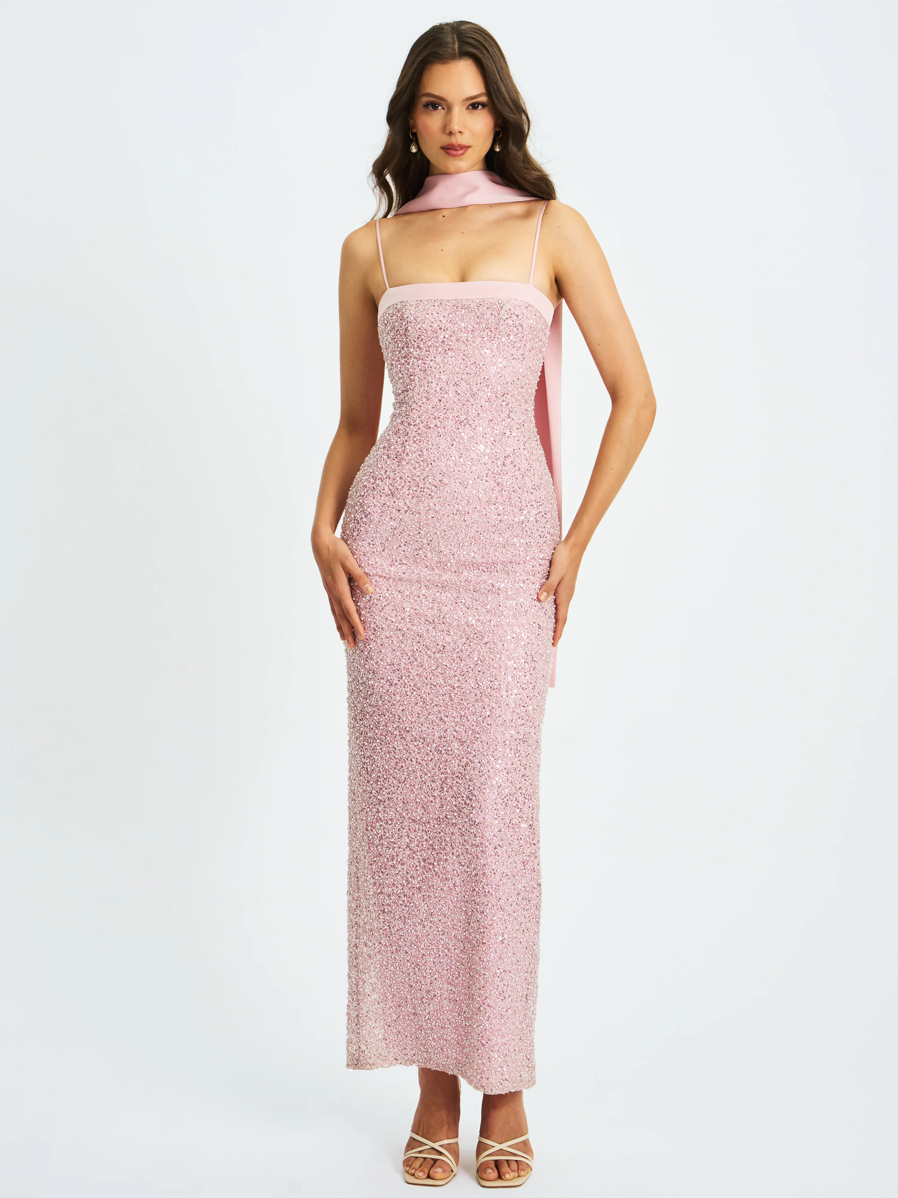 Raizel Pink Beaded Sequin Bodycon Gown with Scarf - Image 4