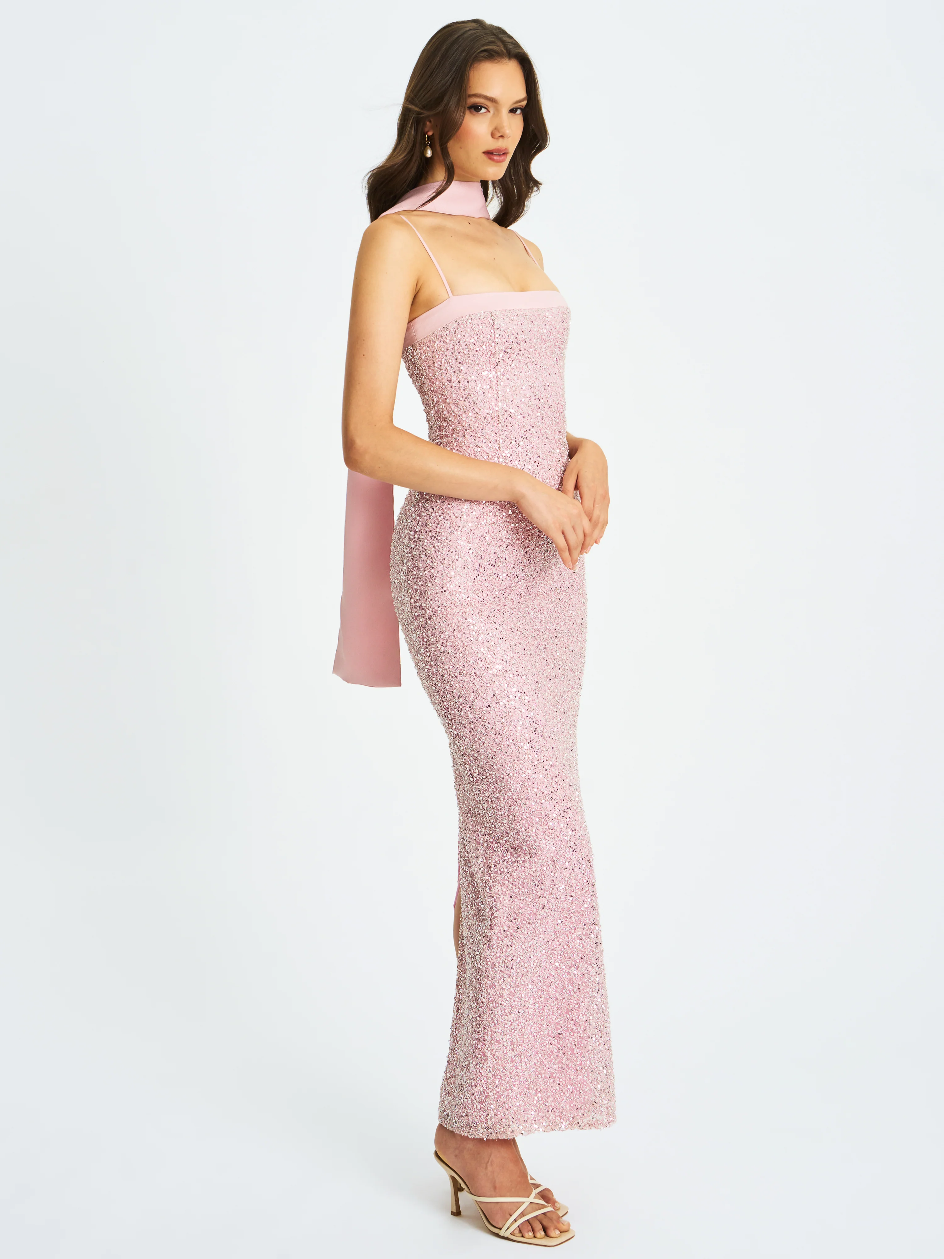 Raizel Pink Beaded Sequin Bodycon Gown with Scarf - Image 5