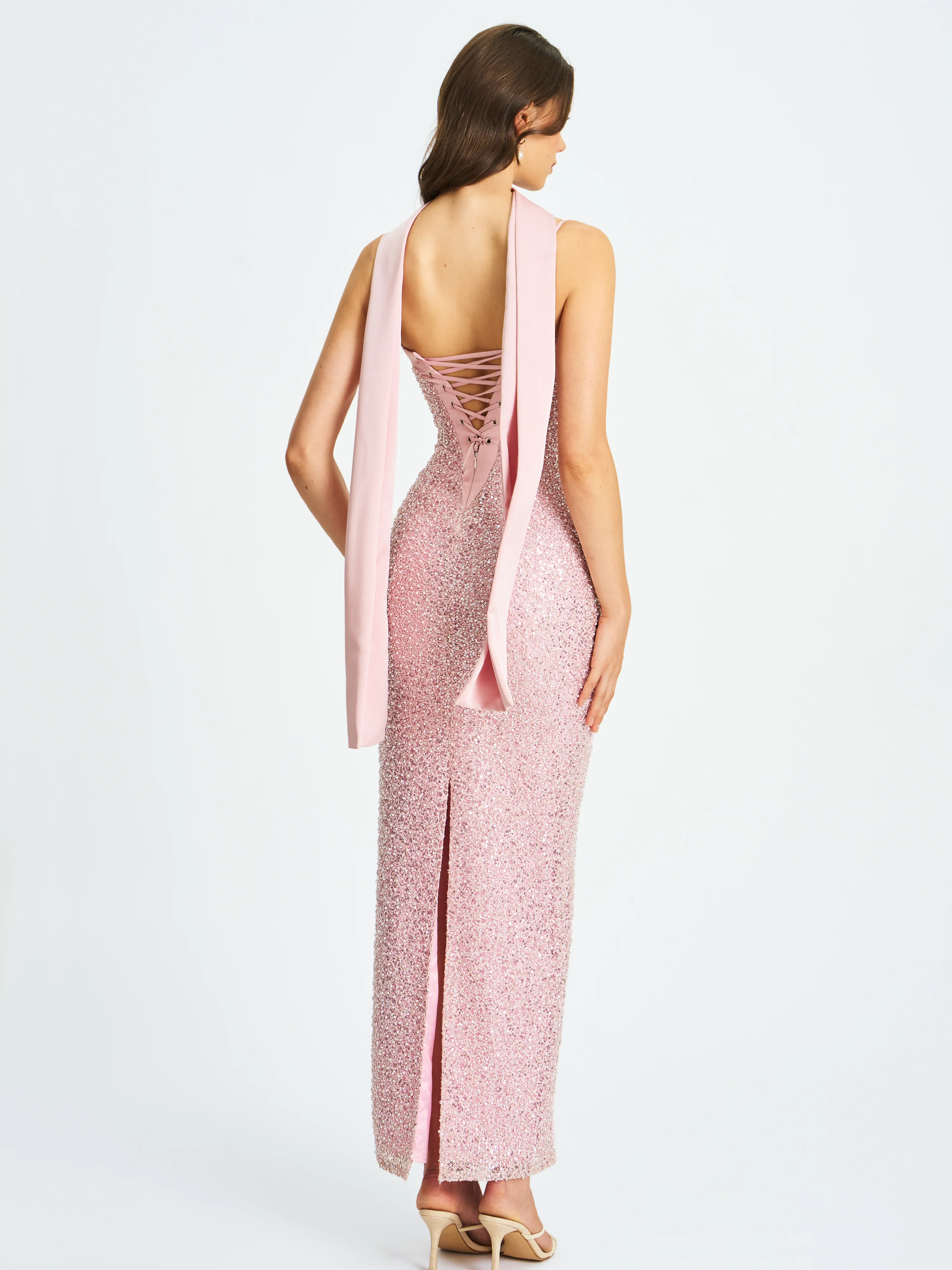 Raizel Pink Beaded Sequin Bodycon Gown with Scarf - Image 6