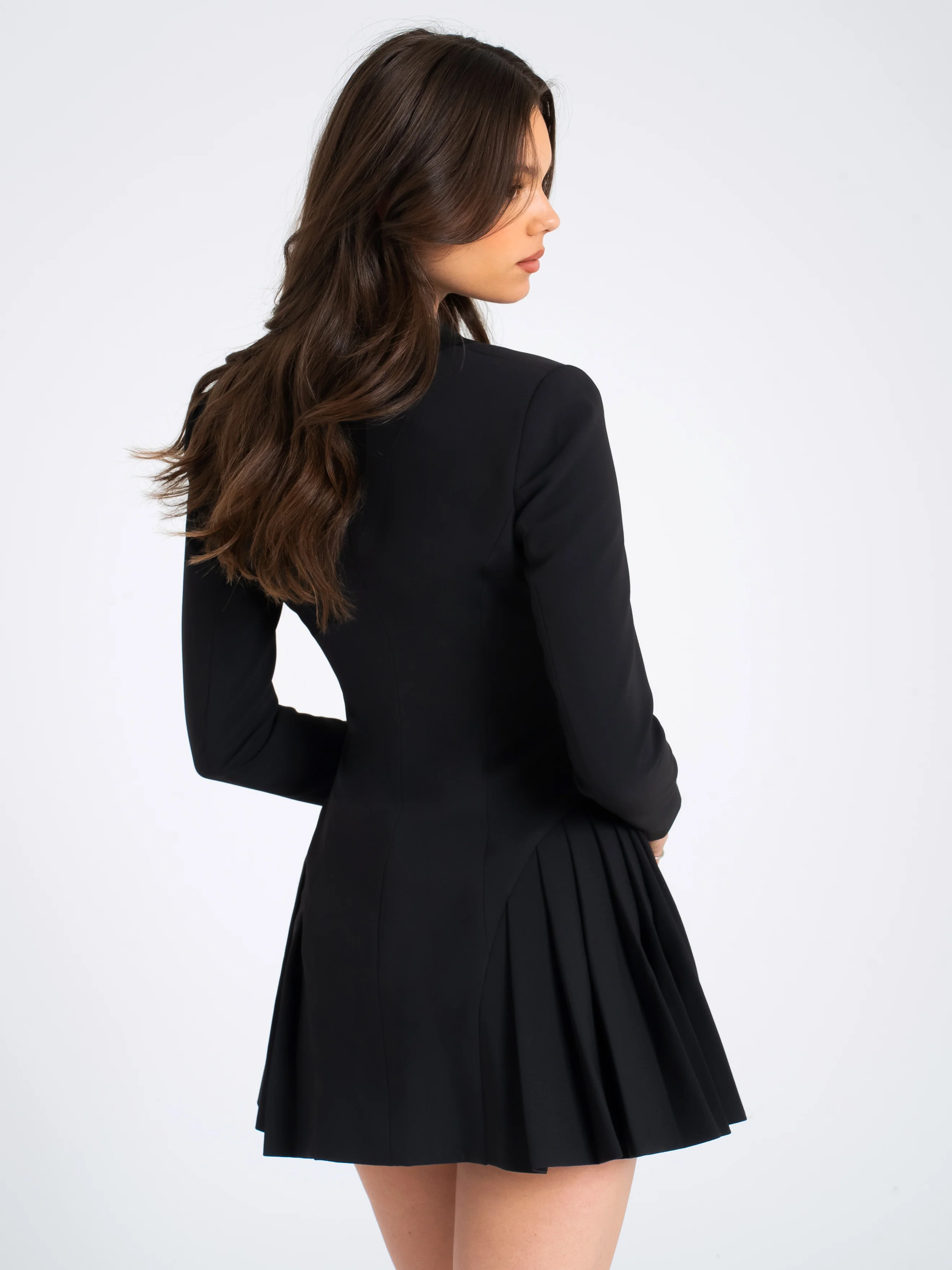 Ria Black Blazer Mini Dress with Crystal Button and Pleated Detail - Image 12