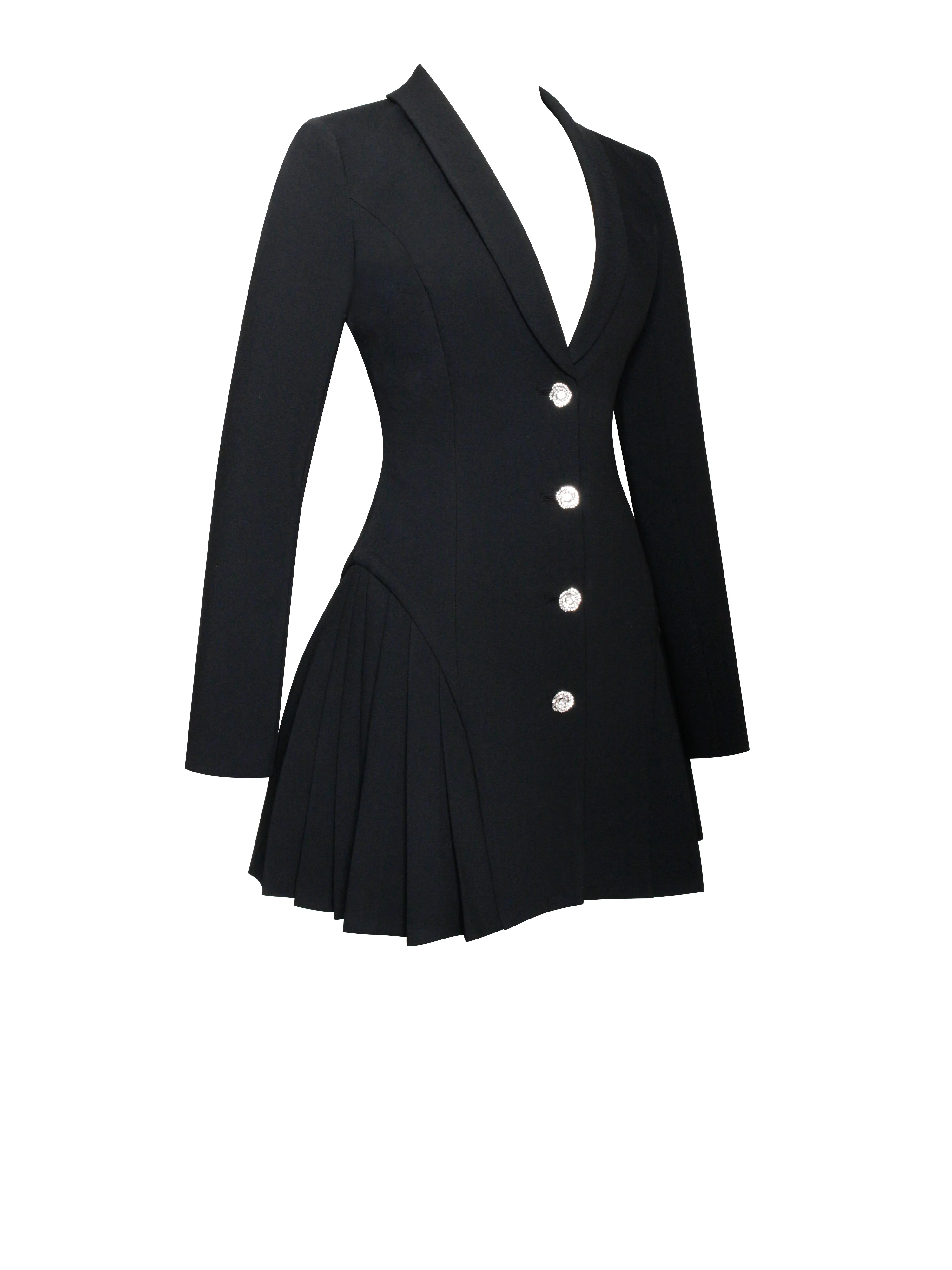 Ria Black Blazer Mini Dress with Crystal Button and Pleated Detail - Image 14