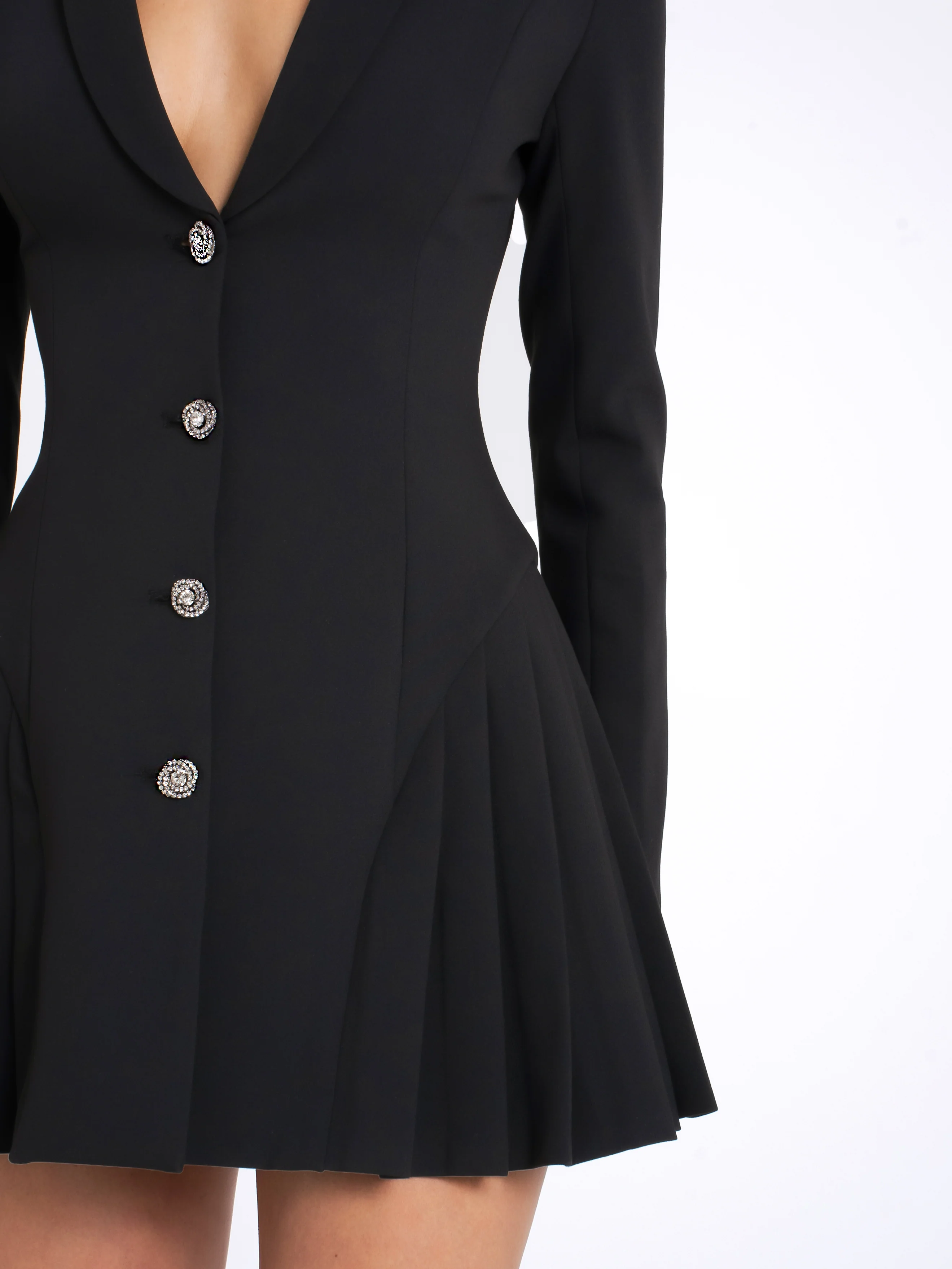 Ria Black Blazer Mini Dress with Crystal Button and Pleated Detail - Image 3