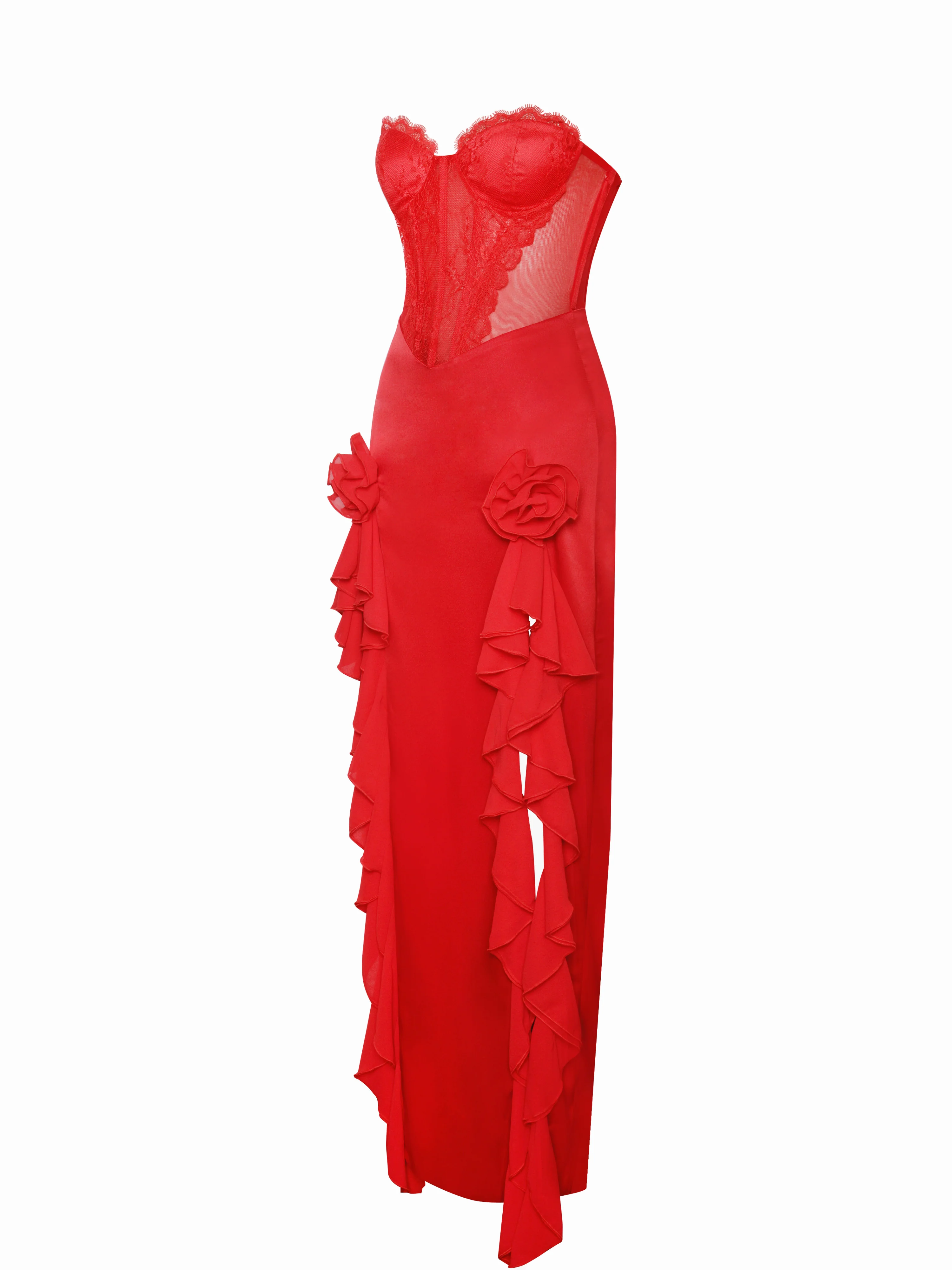 Talia Red Satin Lace Corset Maxi Dress - Image 10