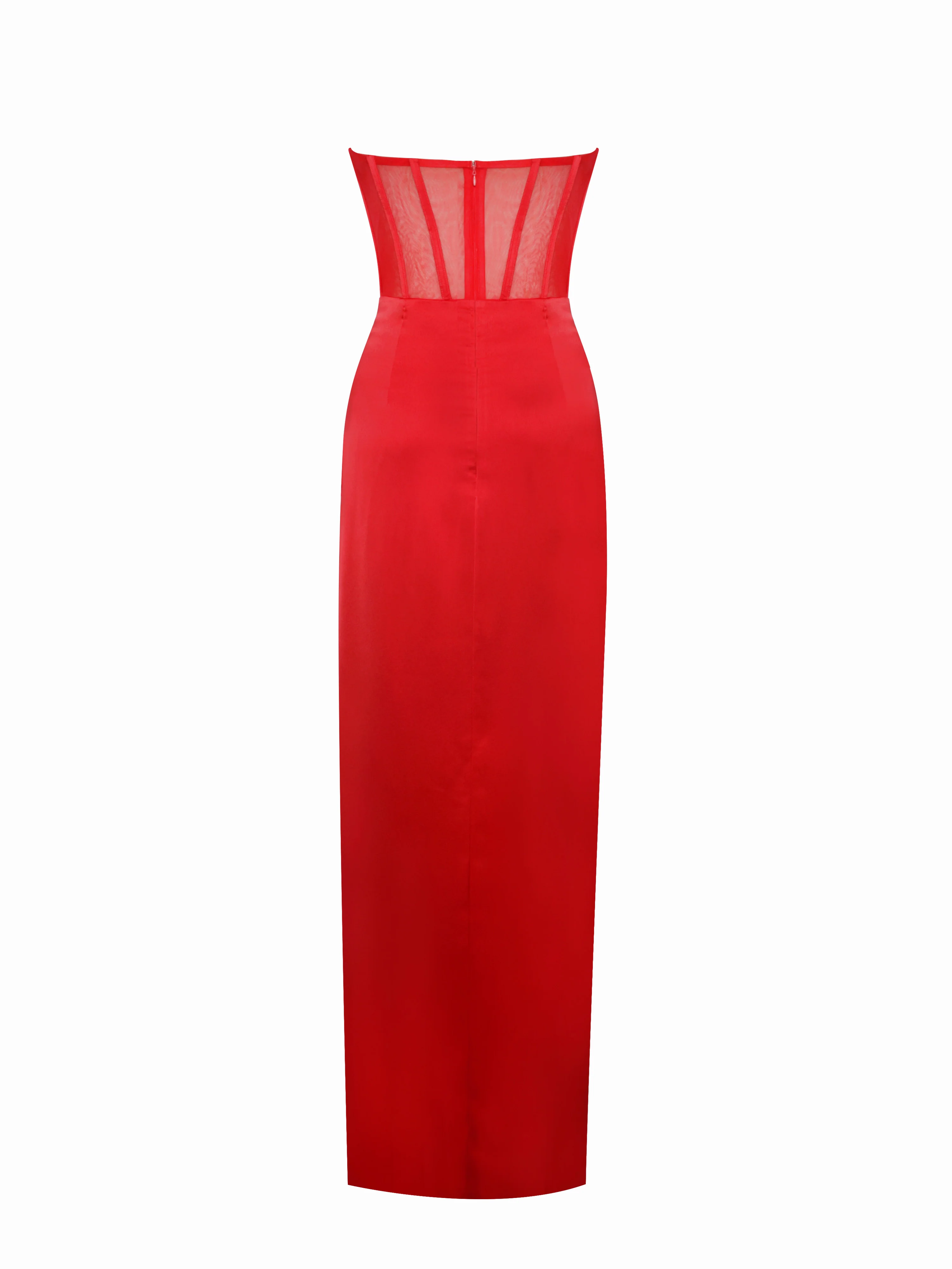 Talia Red Satin Lace Corset Maxi Dress - Image 11