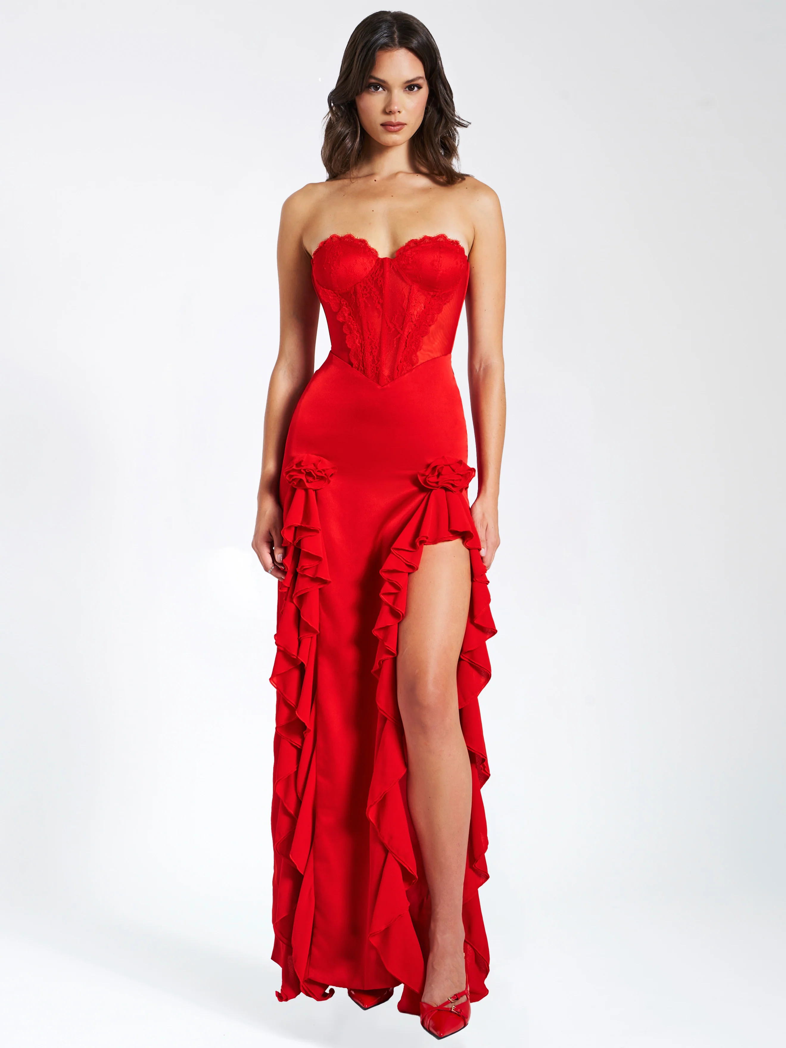 Talia Red Satin Lace Corset Maxi Dress - Image 3