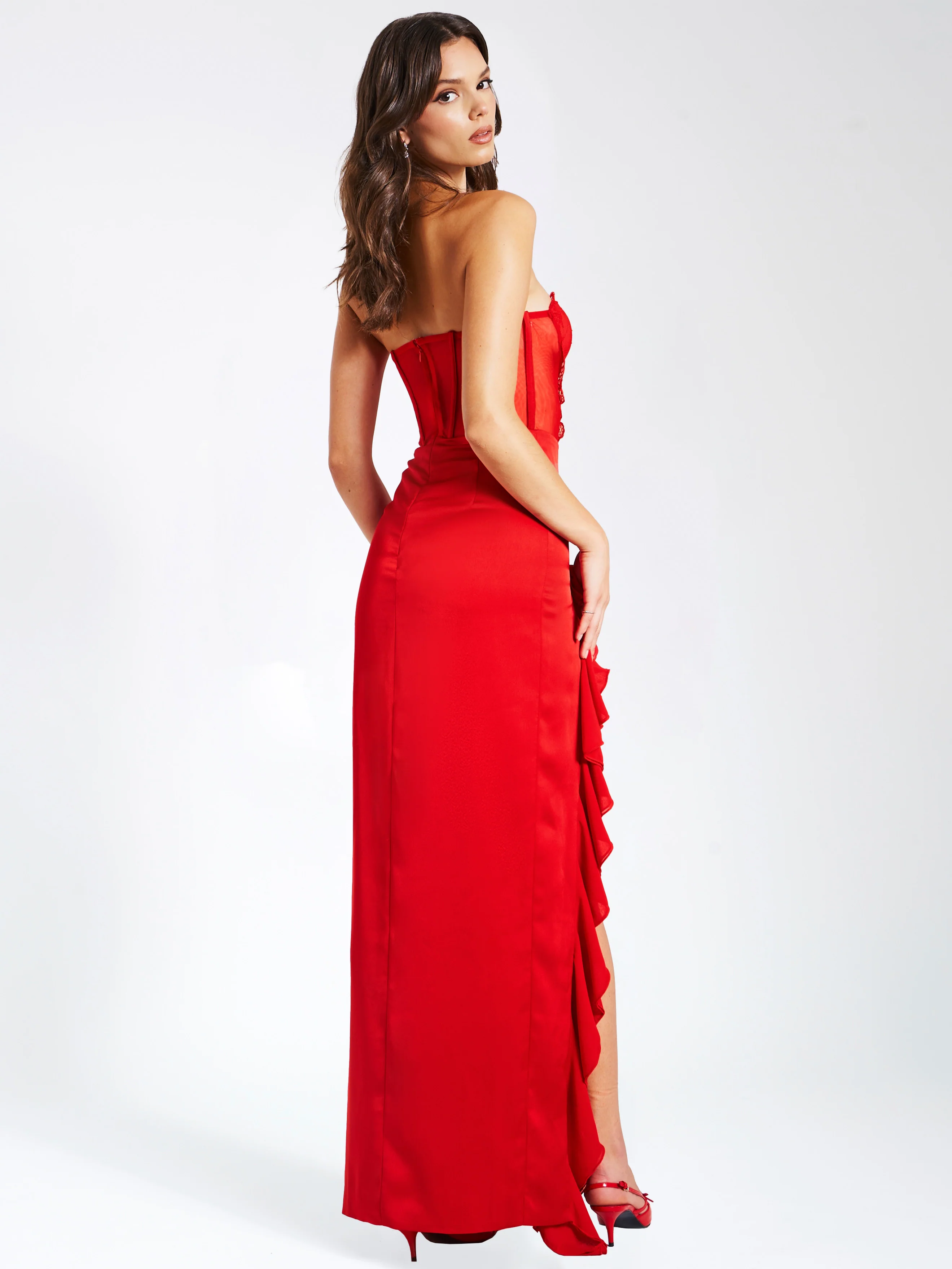 Talia Red Satin Lace Corset Maxi Dress - Image 4