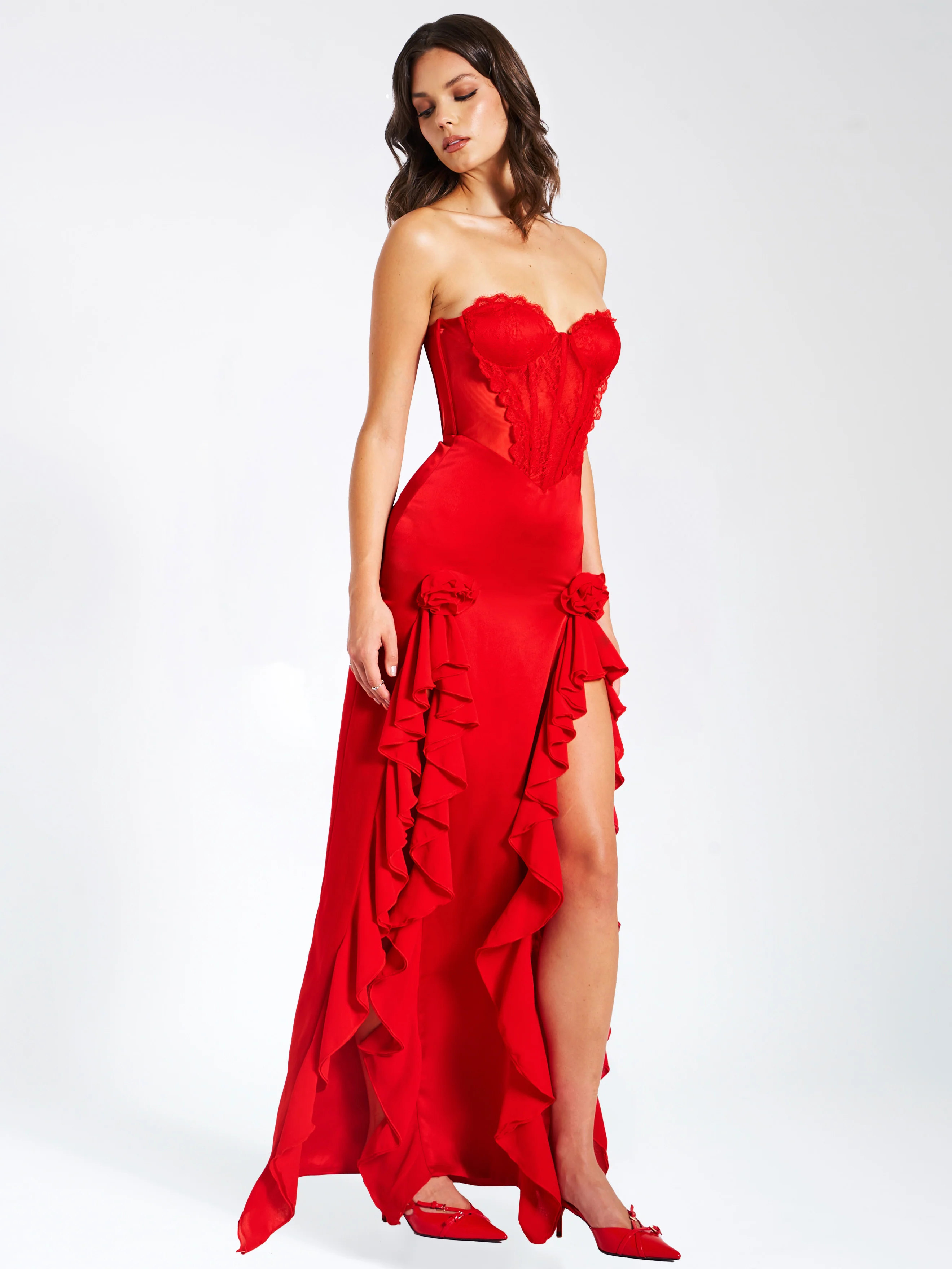 Talia Red Satin Lace Corset Maxi Dress - Image 7