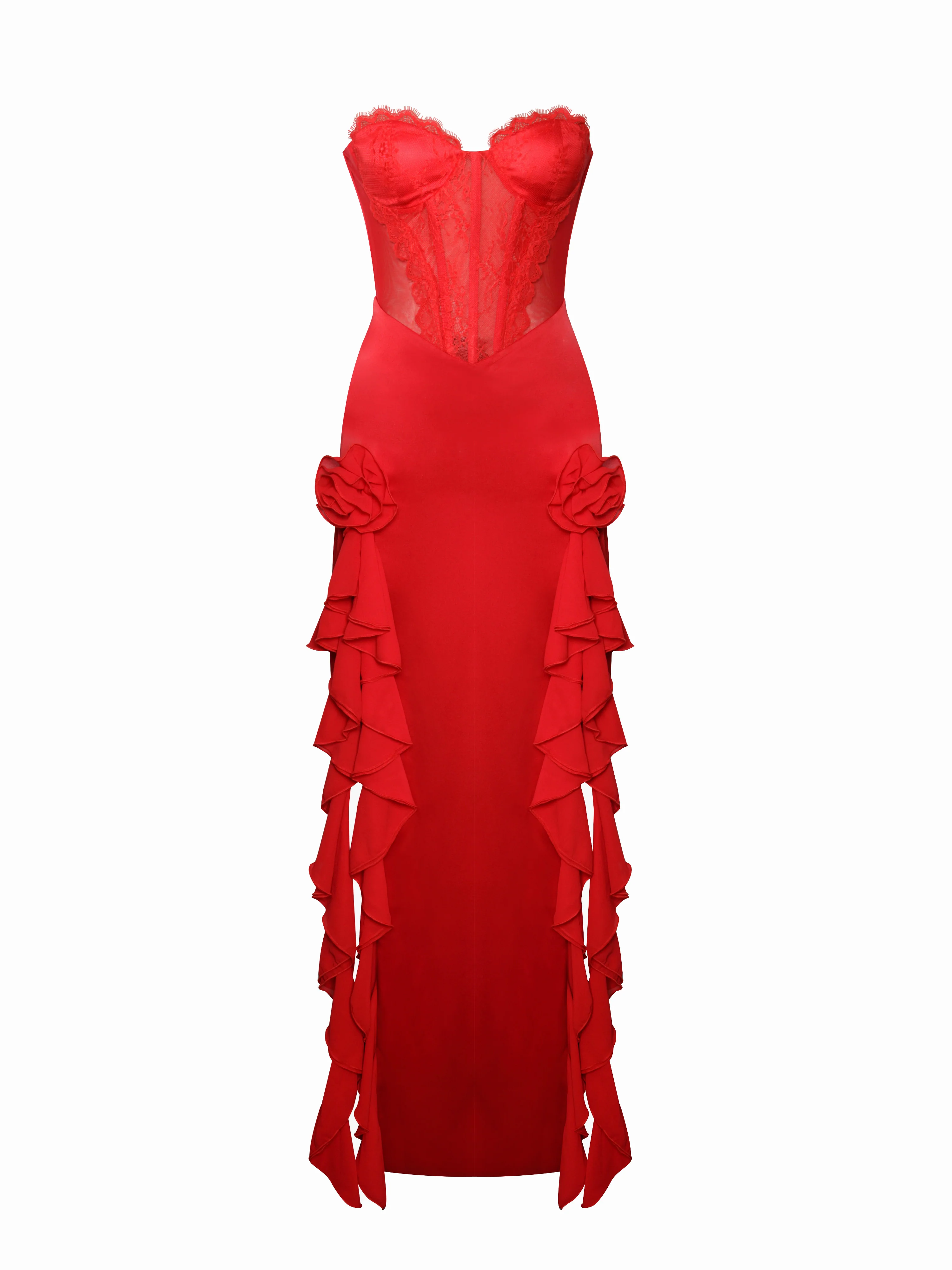 Talia Red Satin Lace Corset Maxi Dress - Image 9