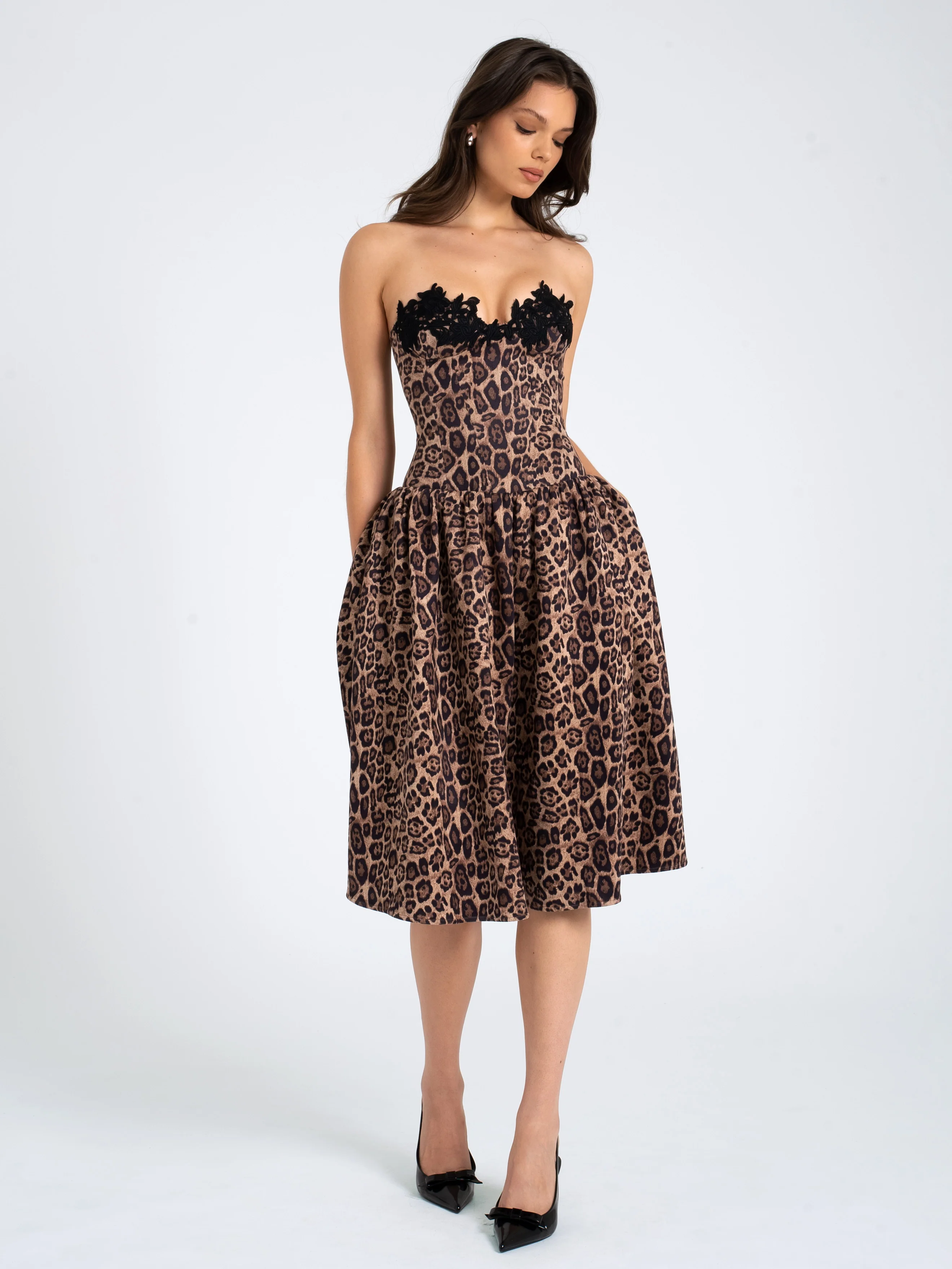 Uchenna Cheetah Print Stretchy Strapless Midi Dress with lace trim - Image 5