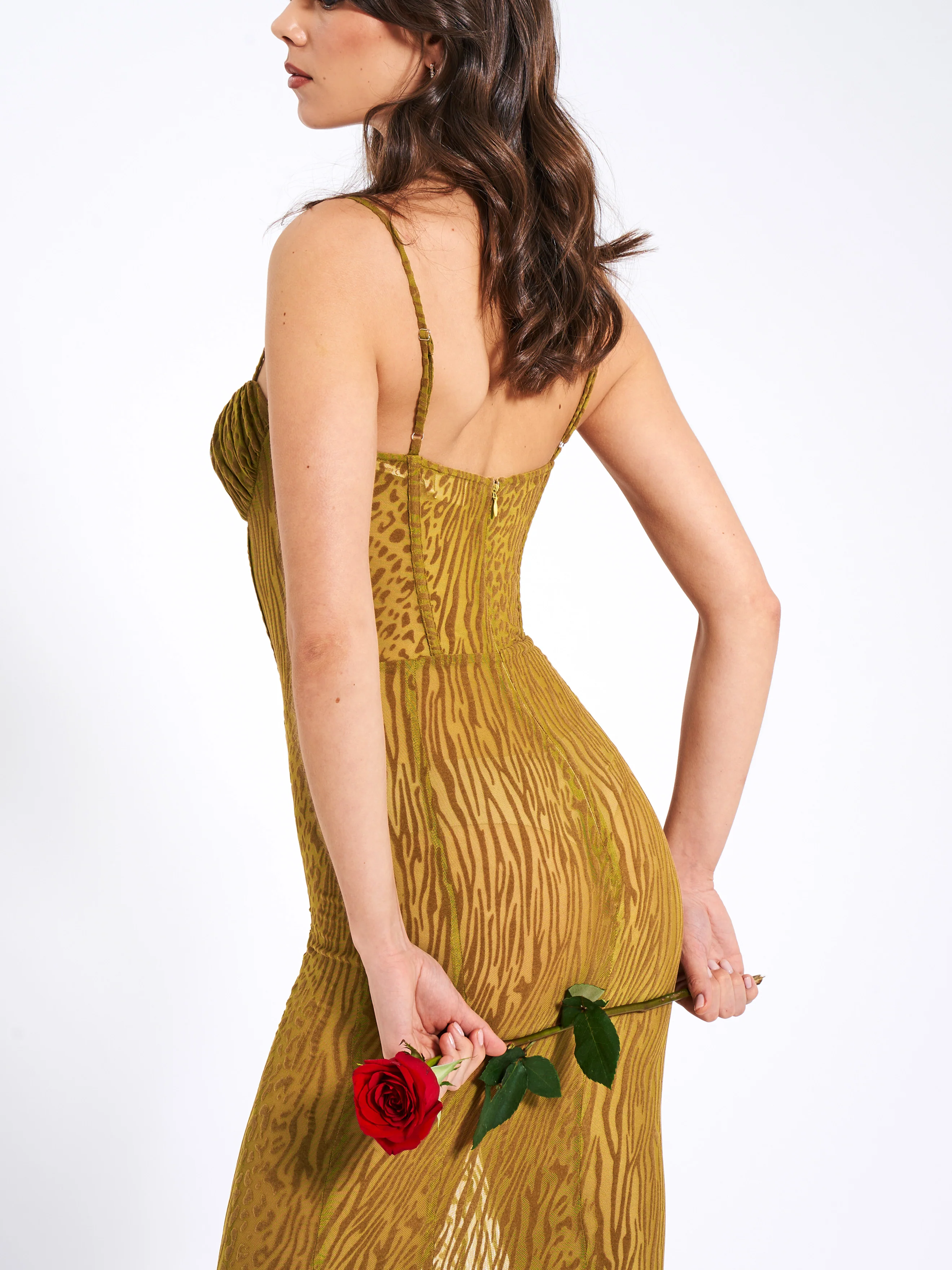 Ulani Gold Burnout Velvet Detail Mesh Maxi Dress - Image 11