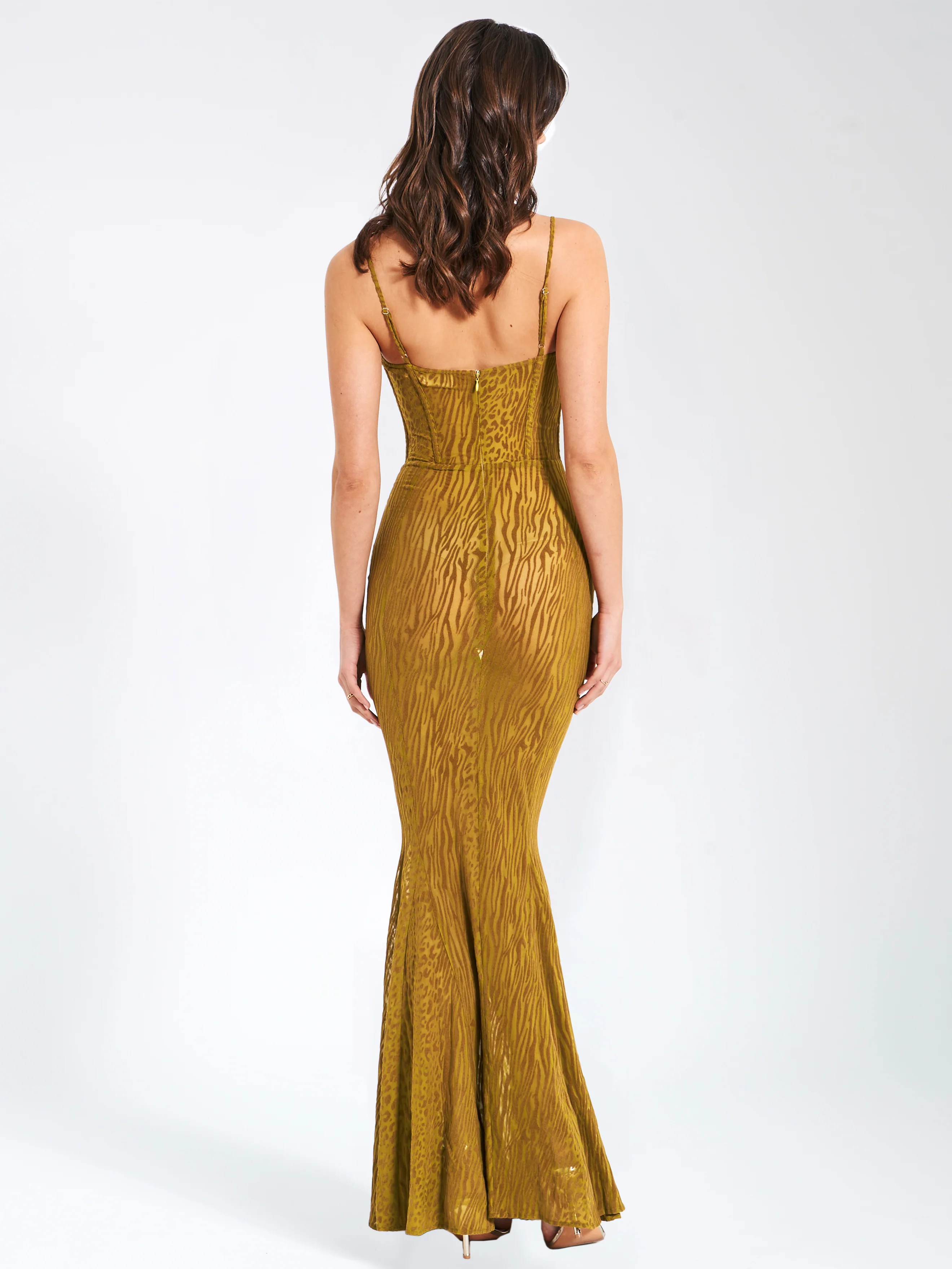Ulani Gold Burnout Velvet Detail Mesh Maxi Dress - Image 12