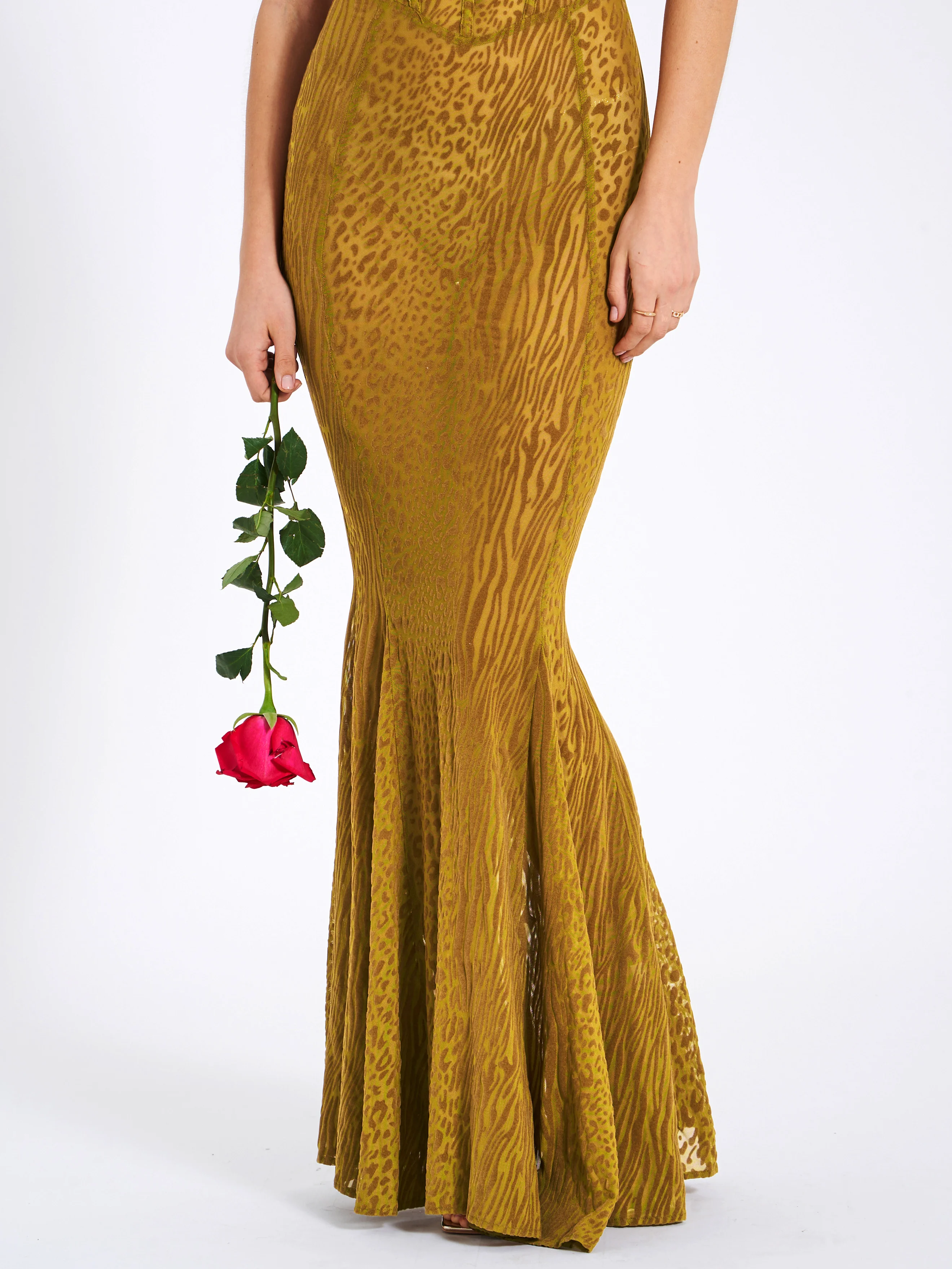 Ulani Gold Burnout Velvet Detail Mesh Maxi Dress - Image 13