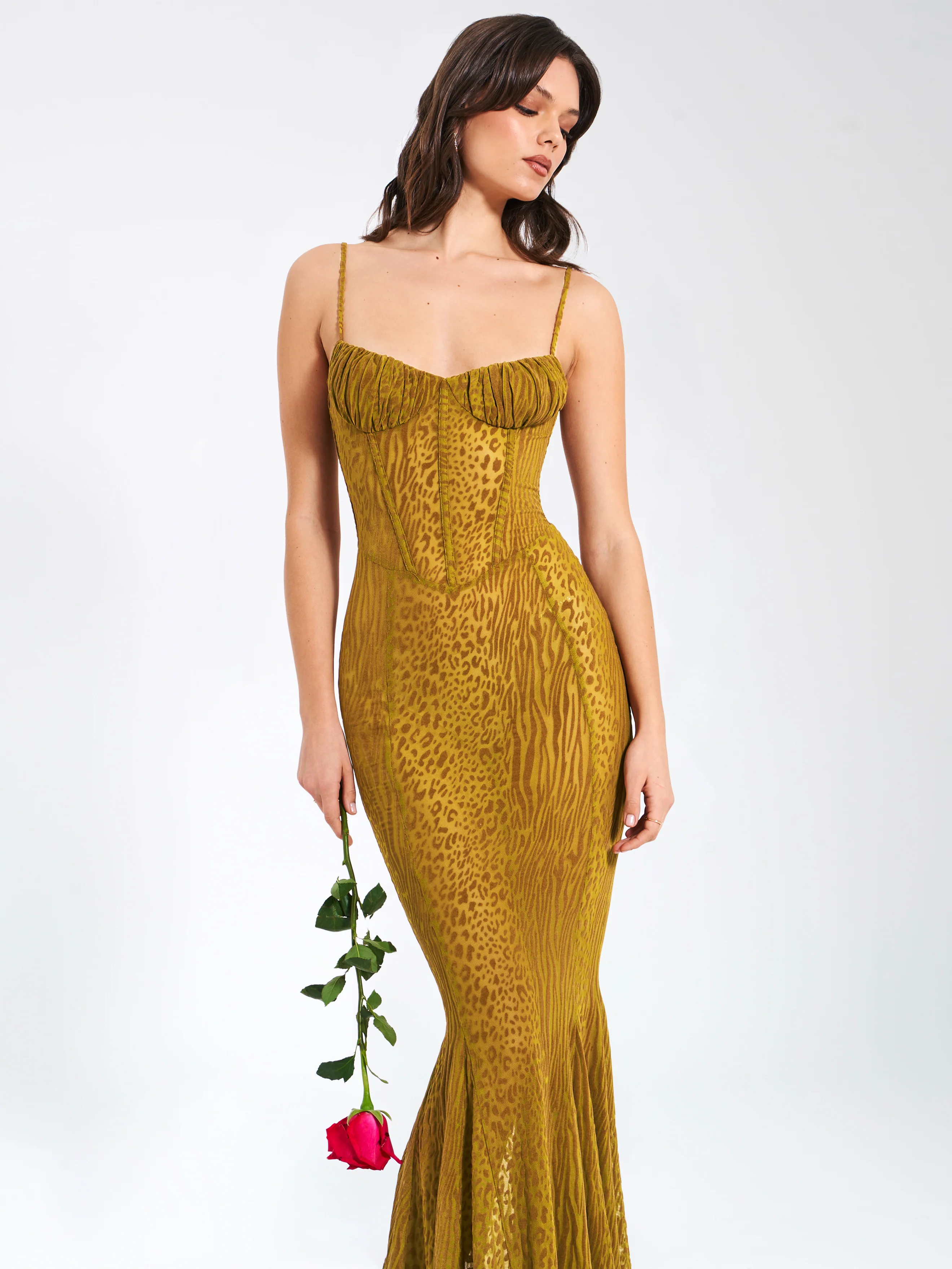 Ulani Gold Burnout Velvet Detail Mesh Maxi Dress - Image 3