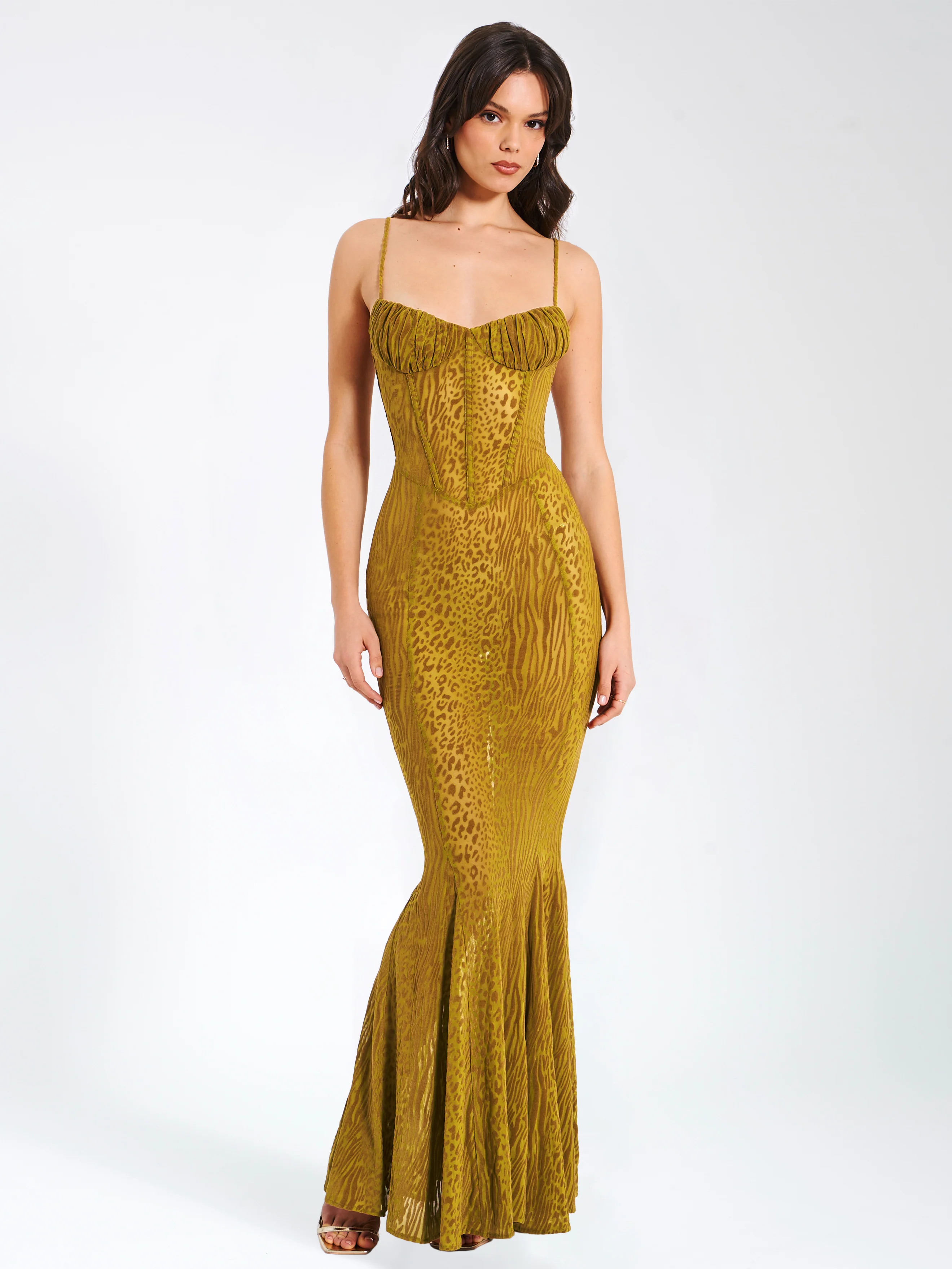 Ulani Gold Burnout Velvet Detail Mesh Maxi Dress - Image 4