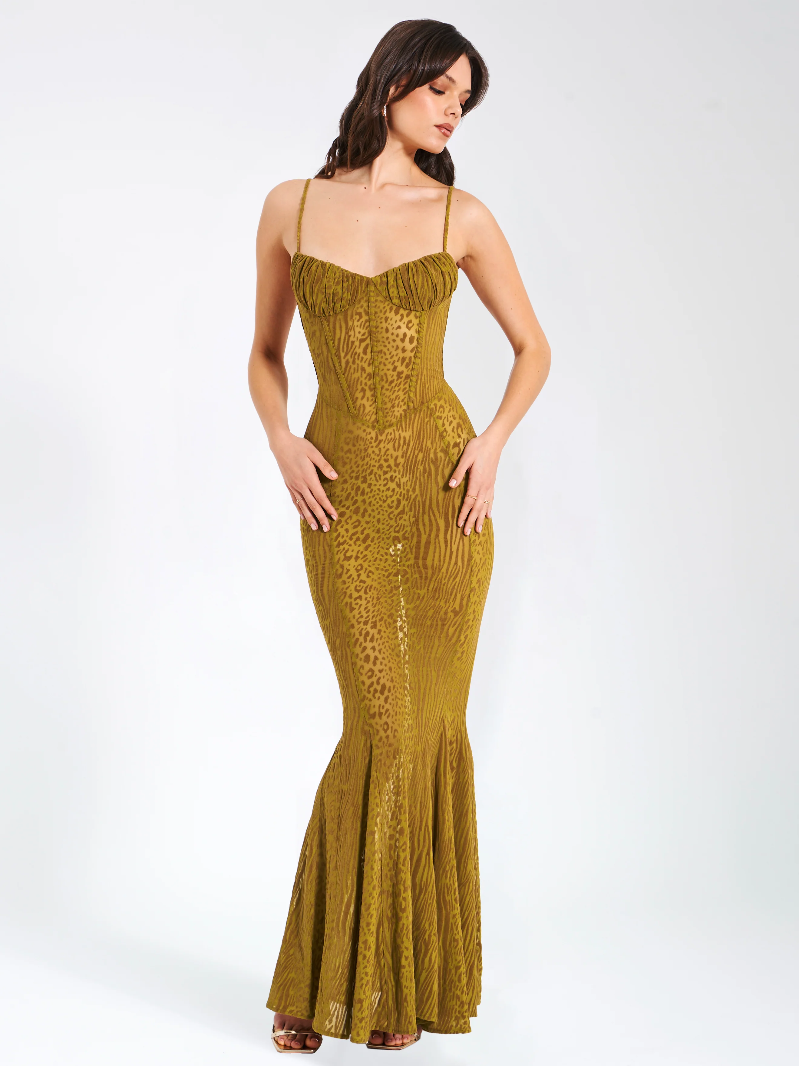 Ulani Gold Burnout Velvet Detail Mesh Maxi Dress - Image 6