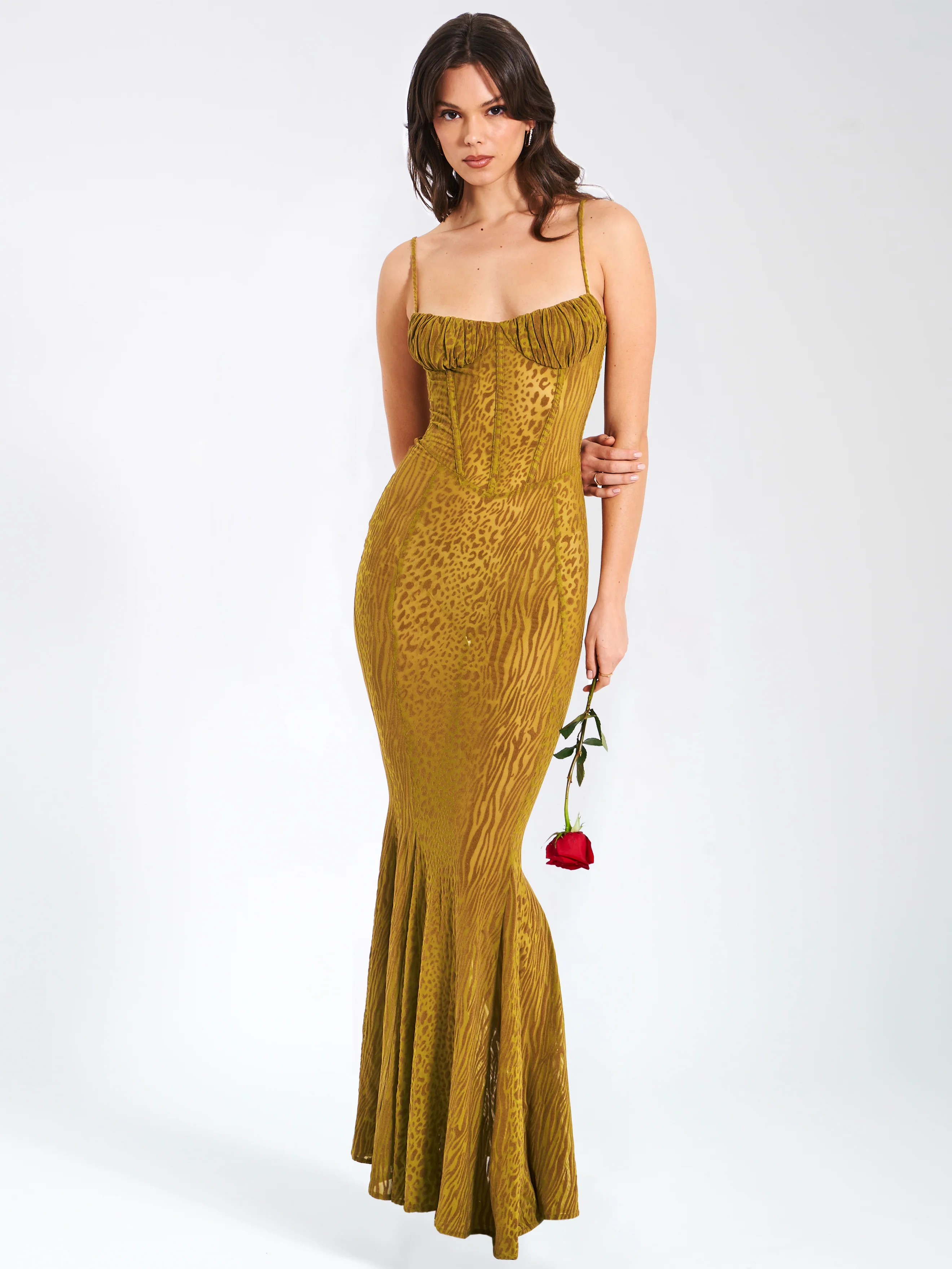 Ulani Gold Burnout Velvet Detail Mesh Maxi Dress - Image 8