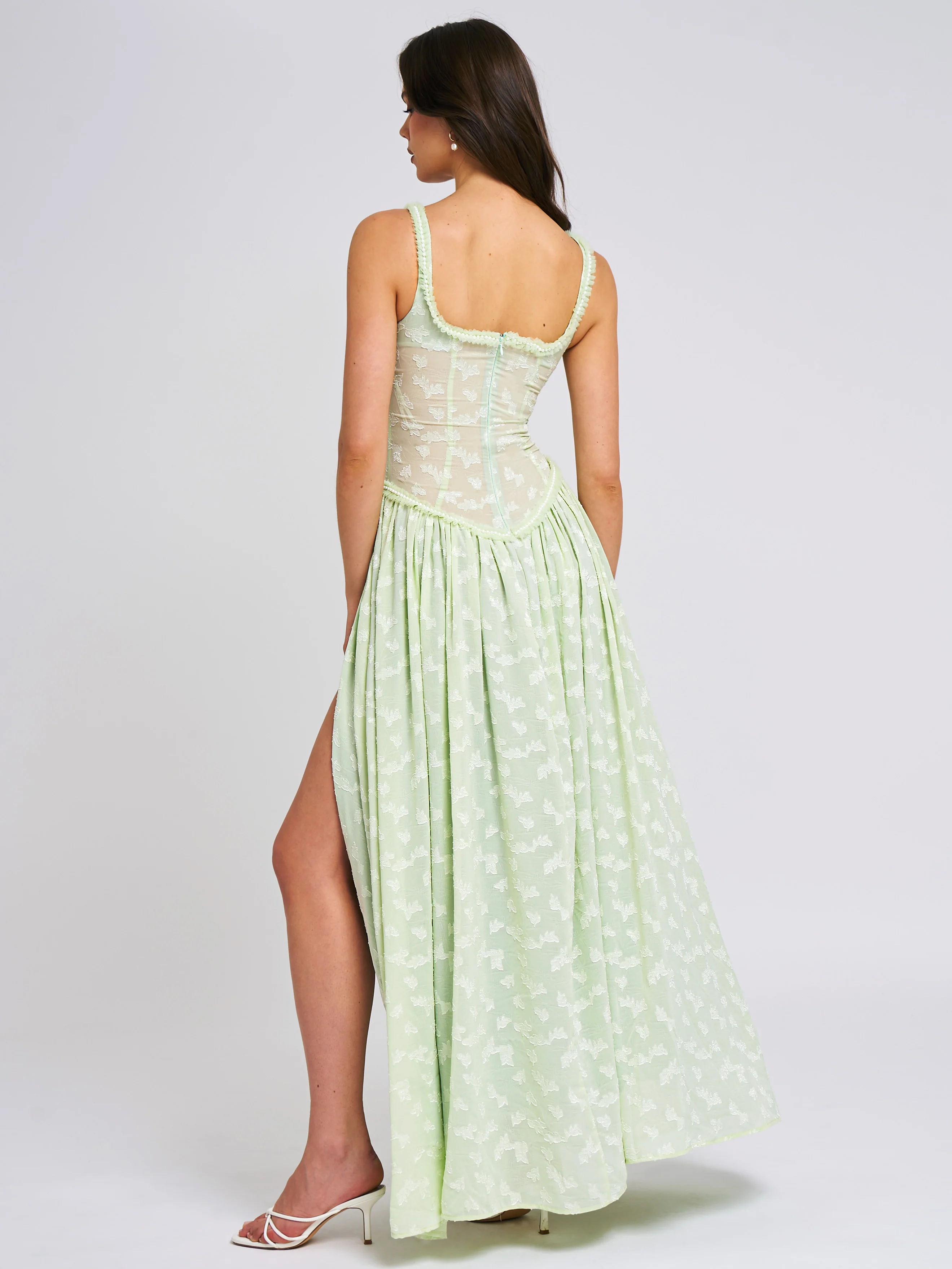 Ulissa Light Green Square Neck Jacquard Textured High Slit Maxi Dress - Image 11