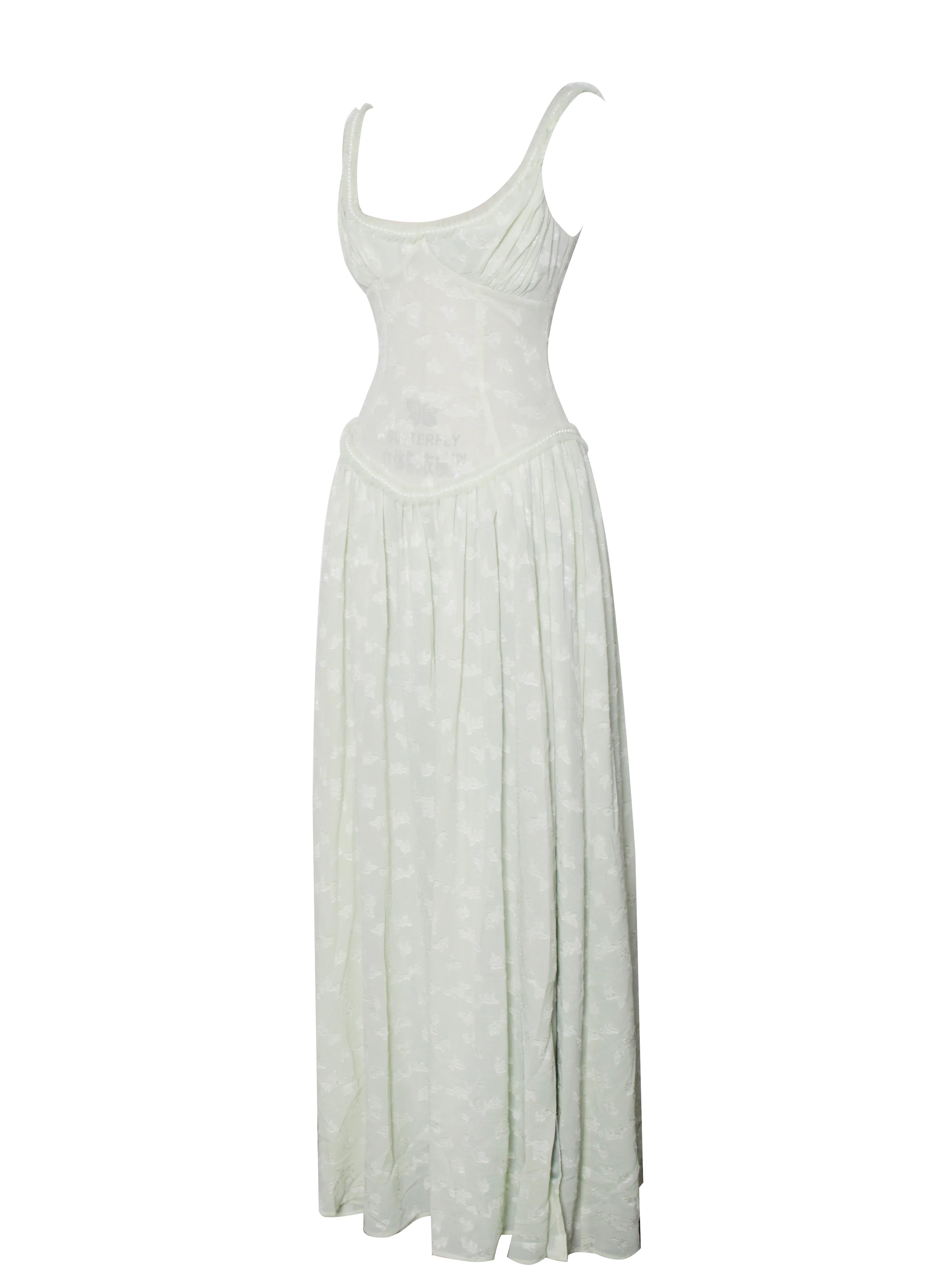 Ulissa Light Green Square Neck Jacquard Textured High Slit Maxi Dress - Image 13