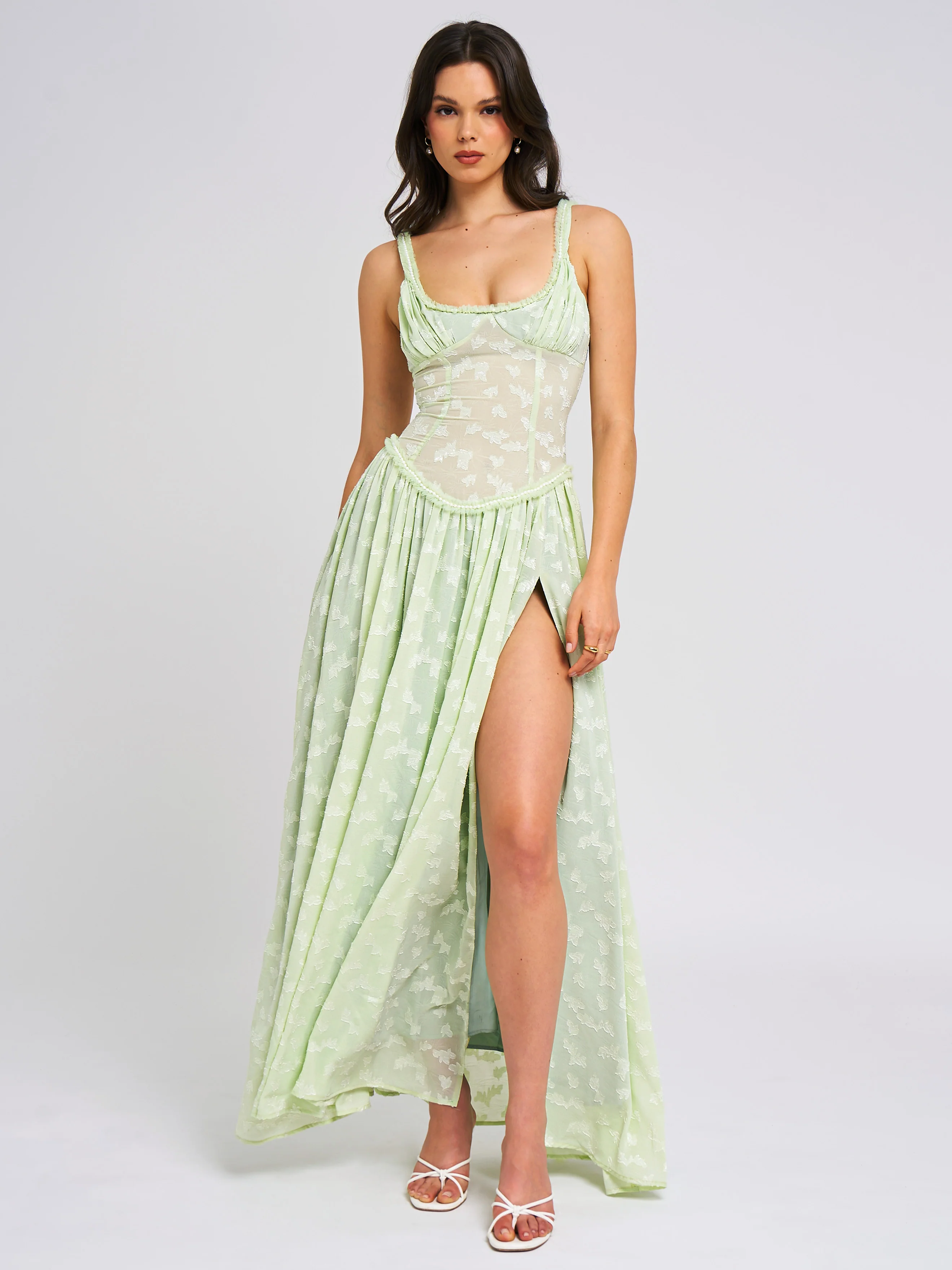 Ulissa Light Green Square Neck Jacquard Textured High Slit Maxi Dress - Image 4