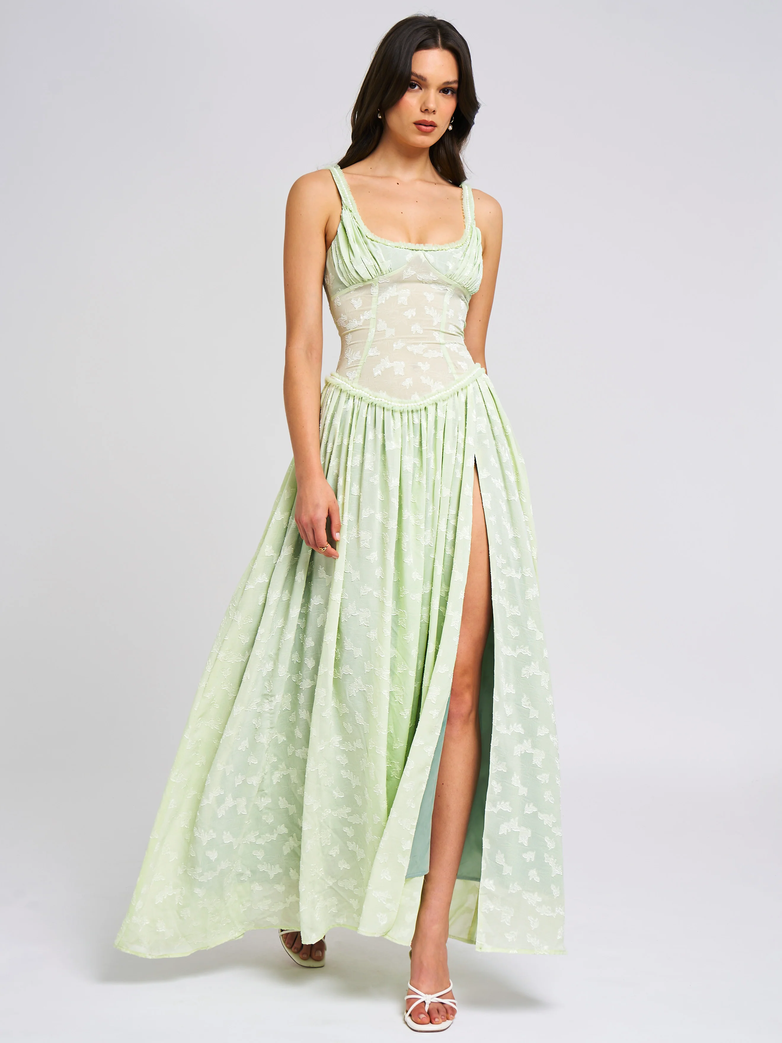 Ulissa Light Green Square Neck Jacquard Textured High Slit Maxi Dress - Image 5