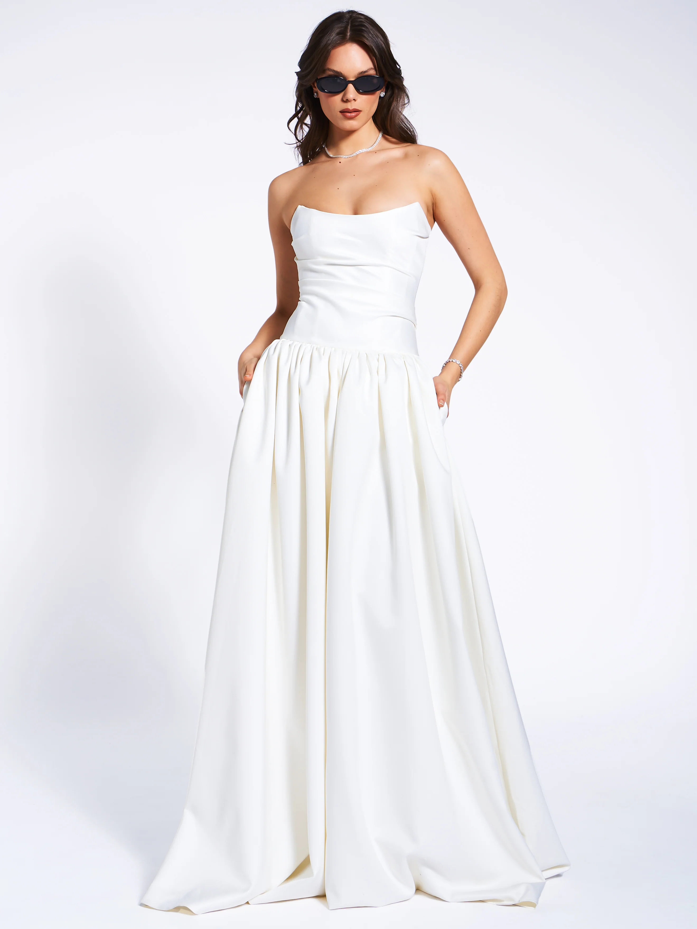 Umay White Drop Waist Satin Corset Bridal Gown - Image 8